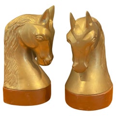 Mid-Century Brass and Leather Horse Head Bookends