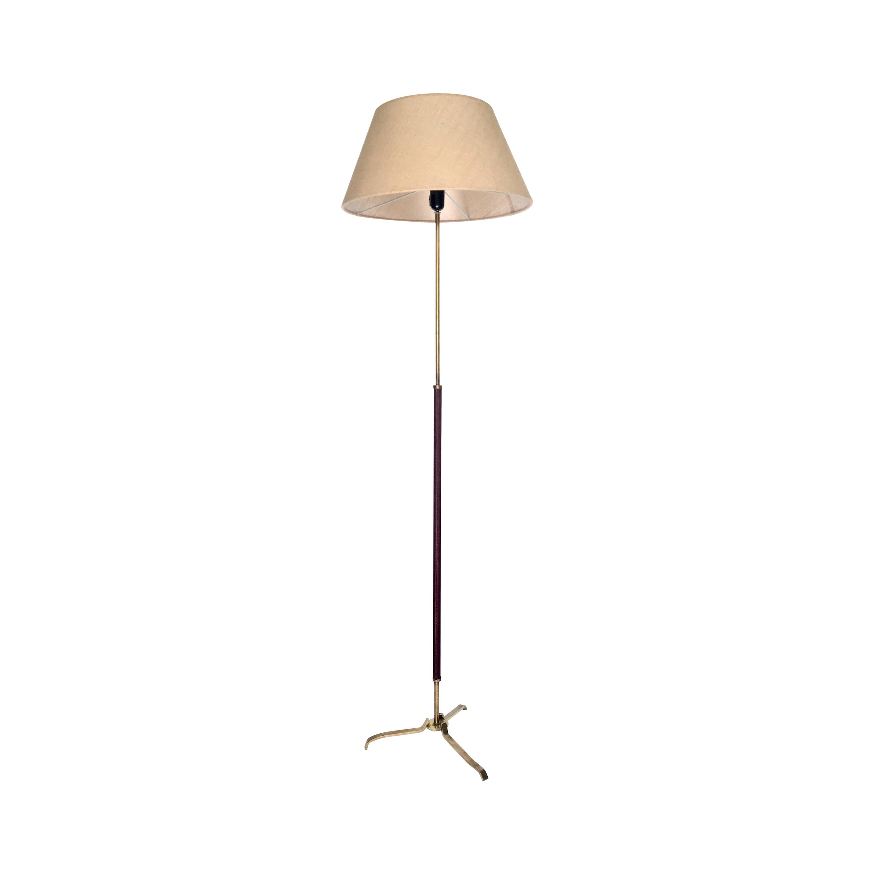 Midcentury Brass and Leather Tripod Floor Lamp