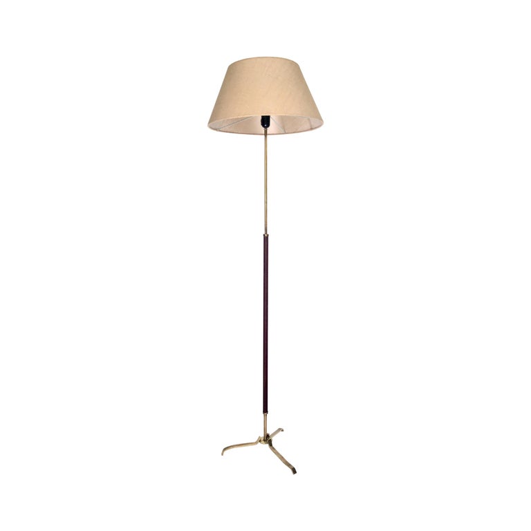 Midcentury Brass and Leather Tripod Floor Lamp For Sale at 1stDibs