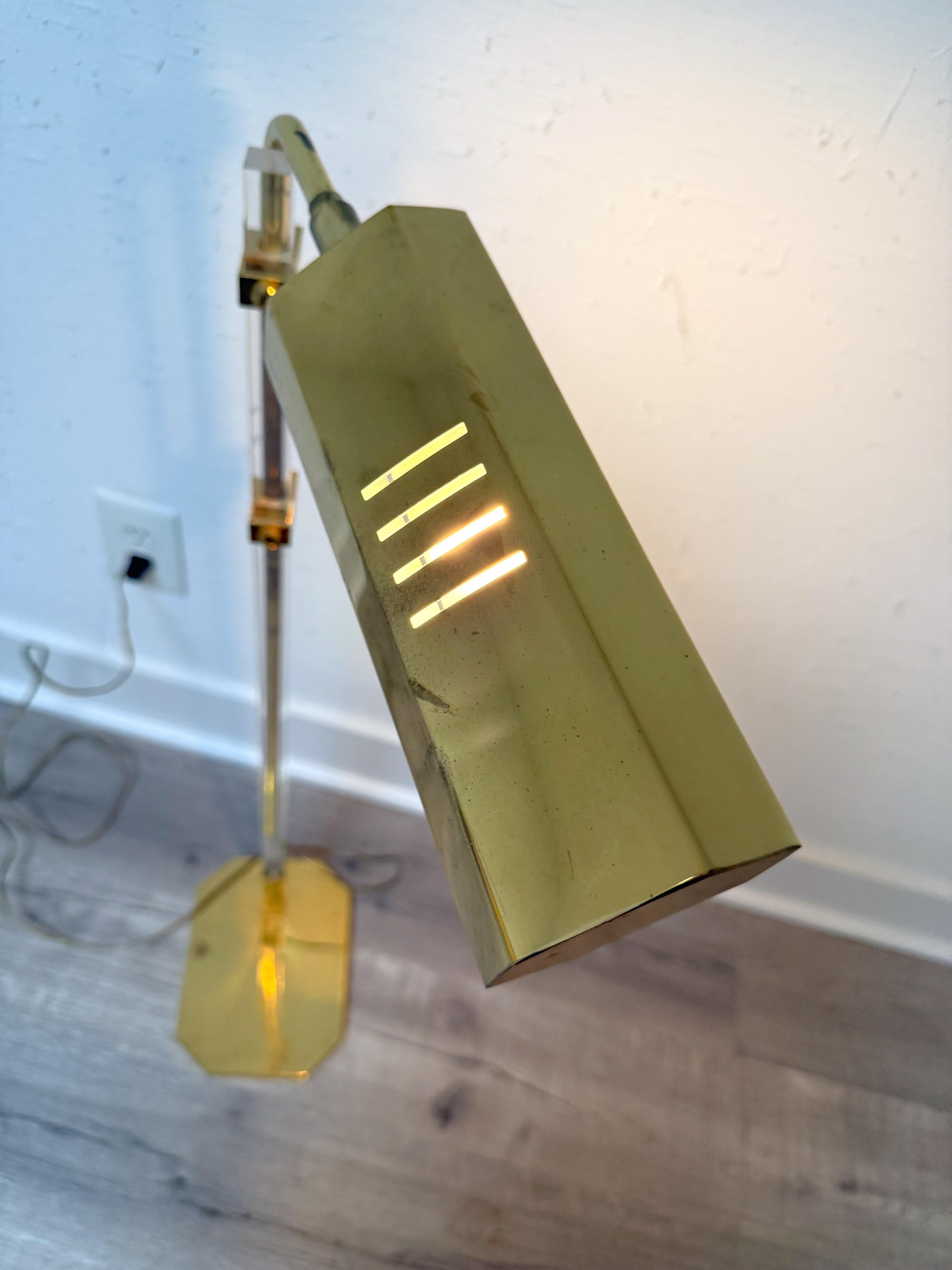American Mid-Century Brass and Lucite Bauer Pharmacy Floor Lamp For Sale