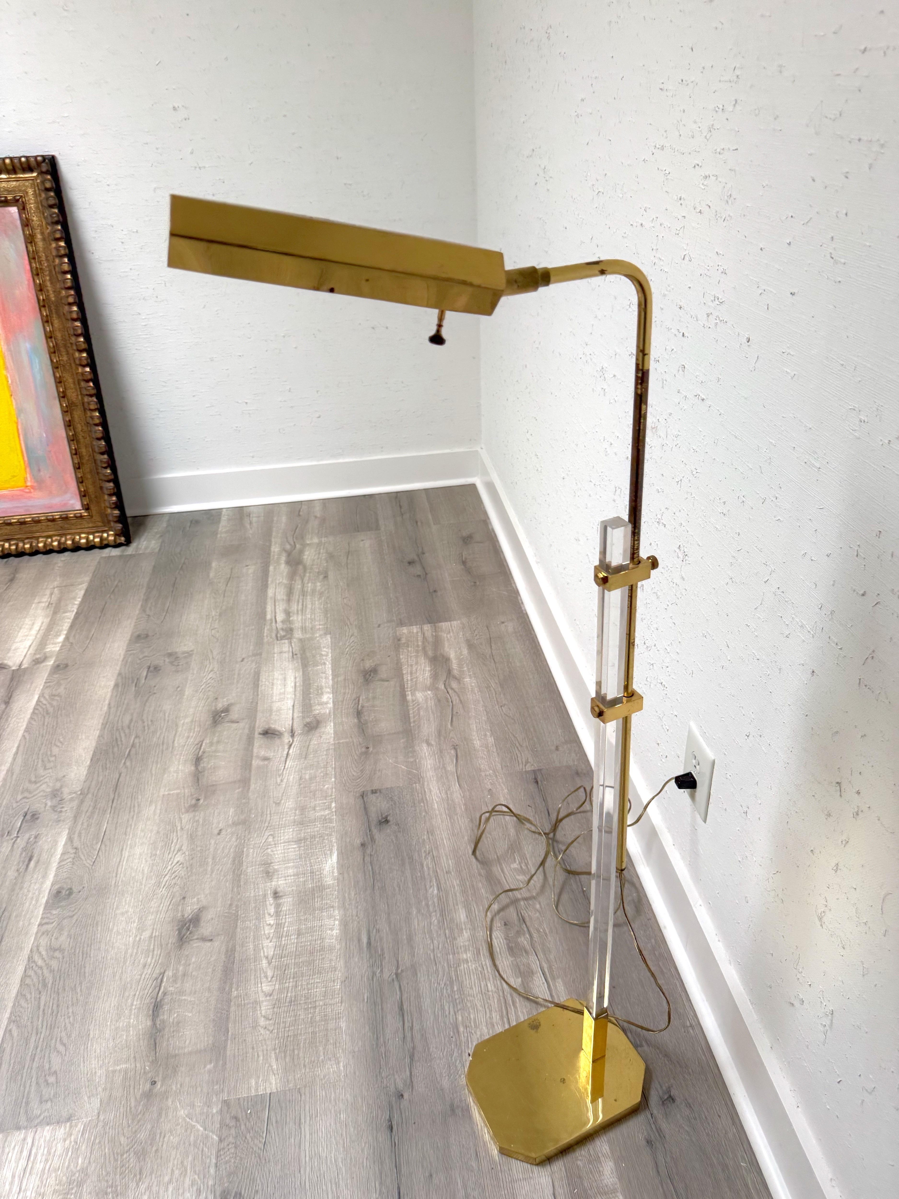 Late 20th Century Mid-Century Brass and Lucite Bauer Pharmacy Floor Lamp For Sale
