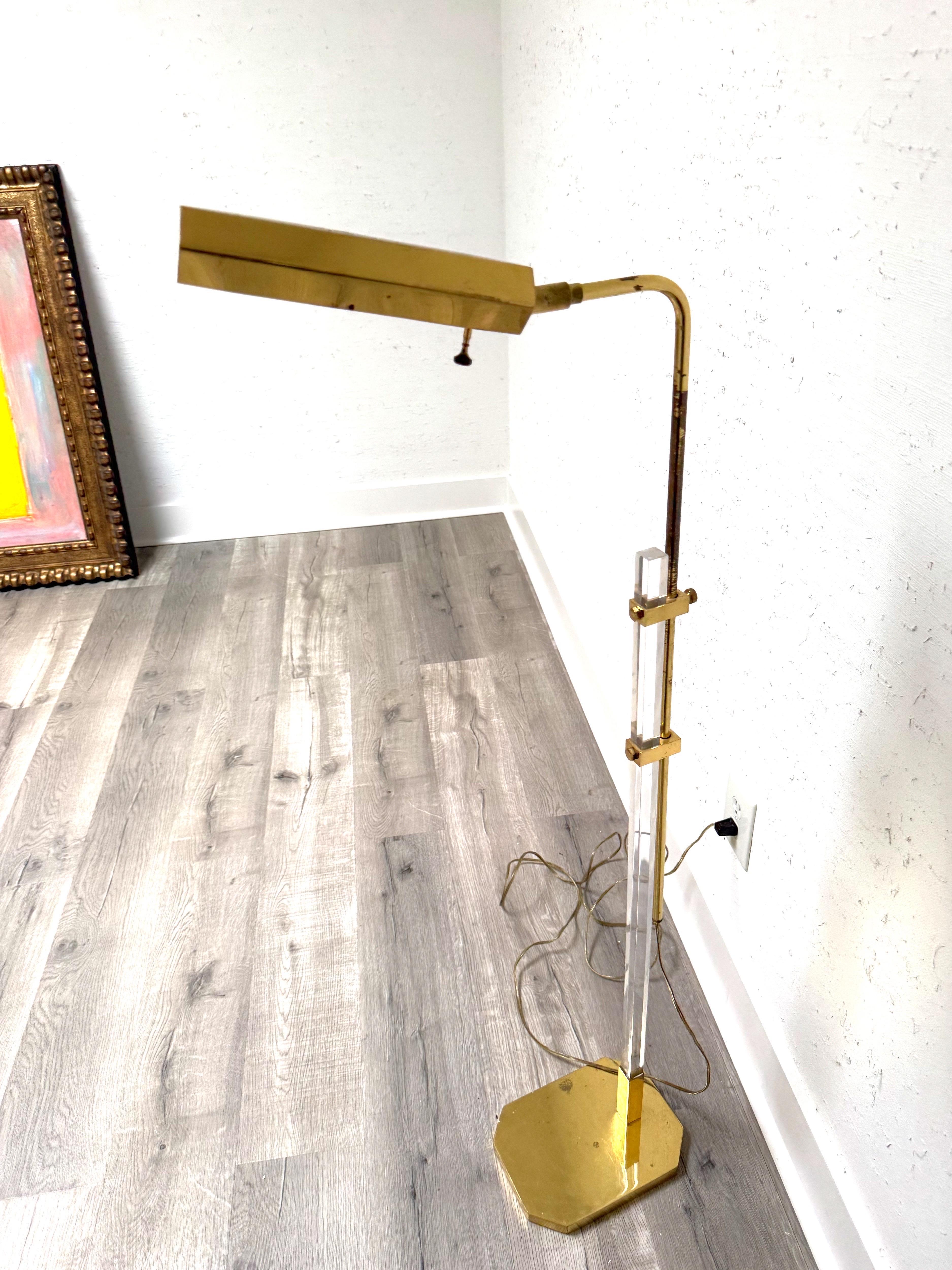 Metal Mid-Century Brass and Lucite Bauer Pharmacy Floor Lamp For Sale