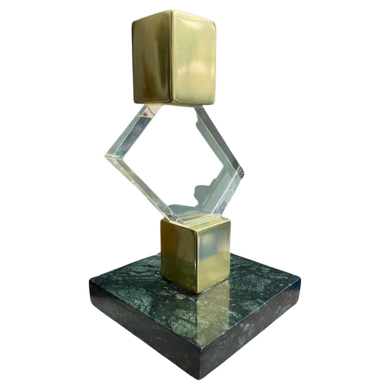Mid-Century Brass and Lucite Sculpture on Green Marble Base, French, 1970s For Sale