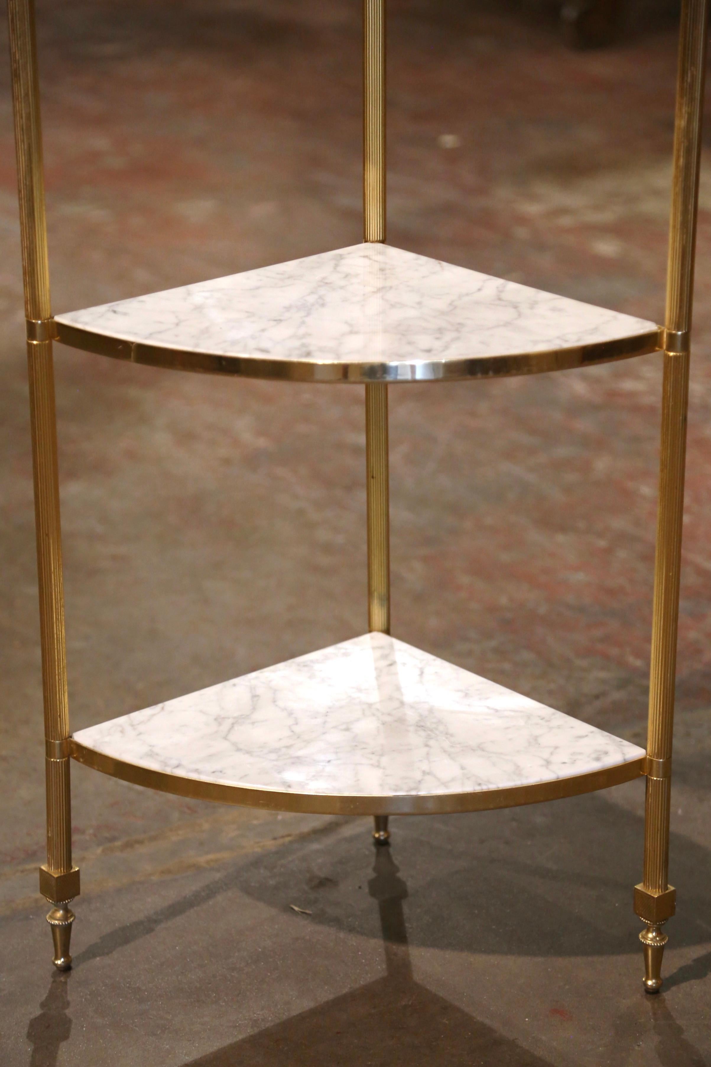 French Mid-Century Brass and Marble Corner Three-Tier Etagere Shelf