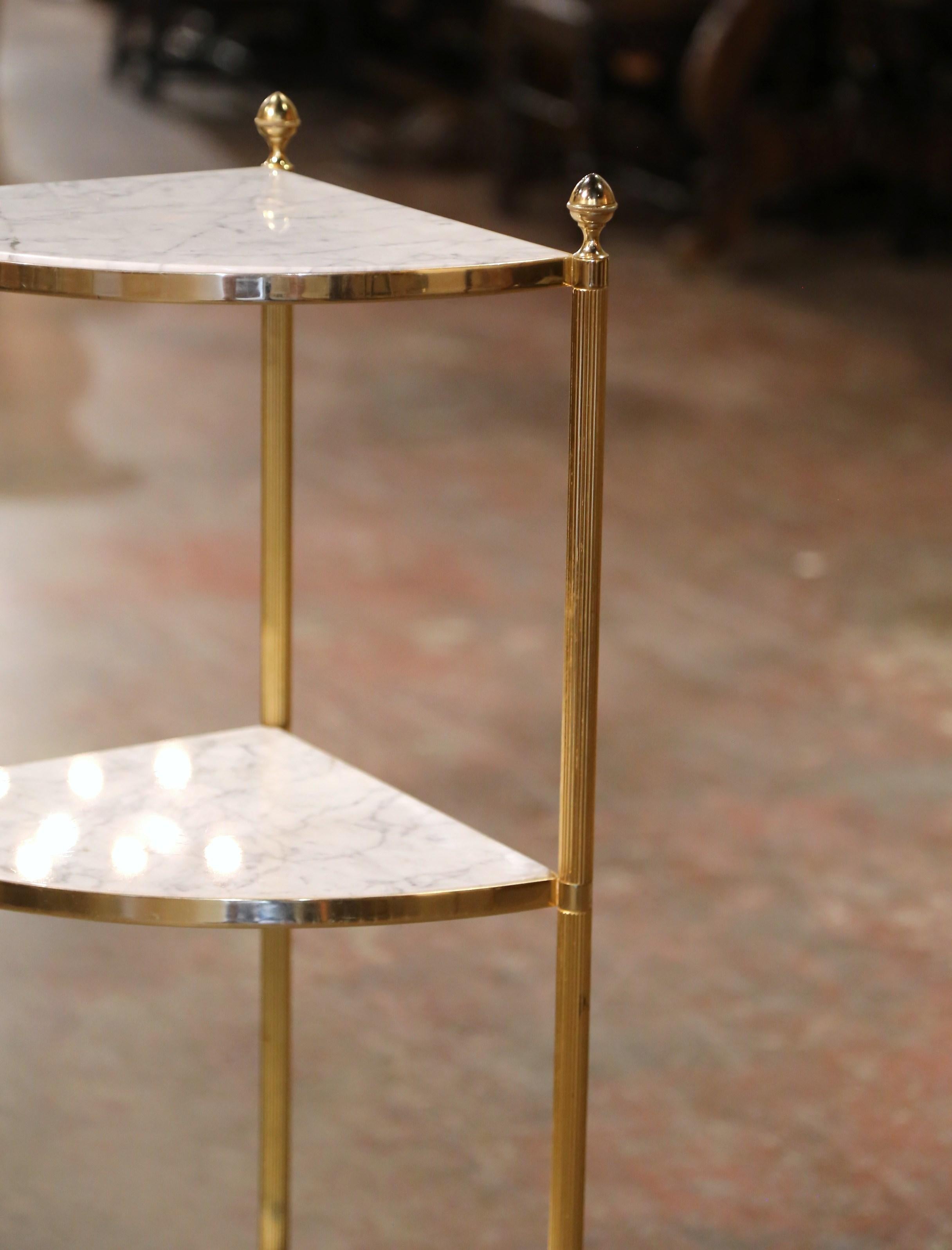 Polished Mid-Century Brass and Marble Corner Three-Tier Etagere Shelf