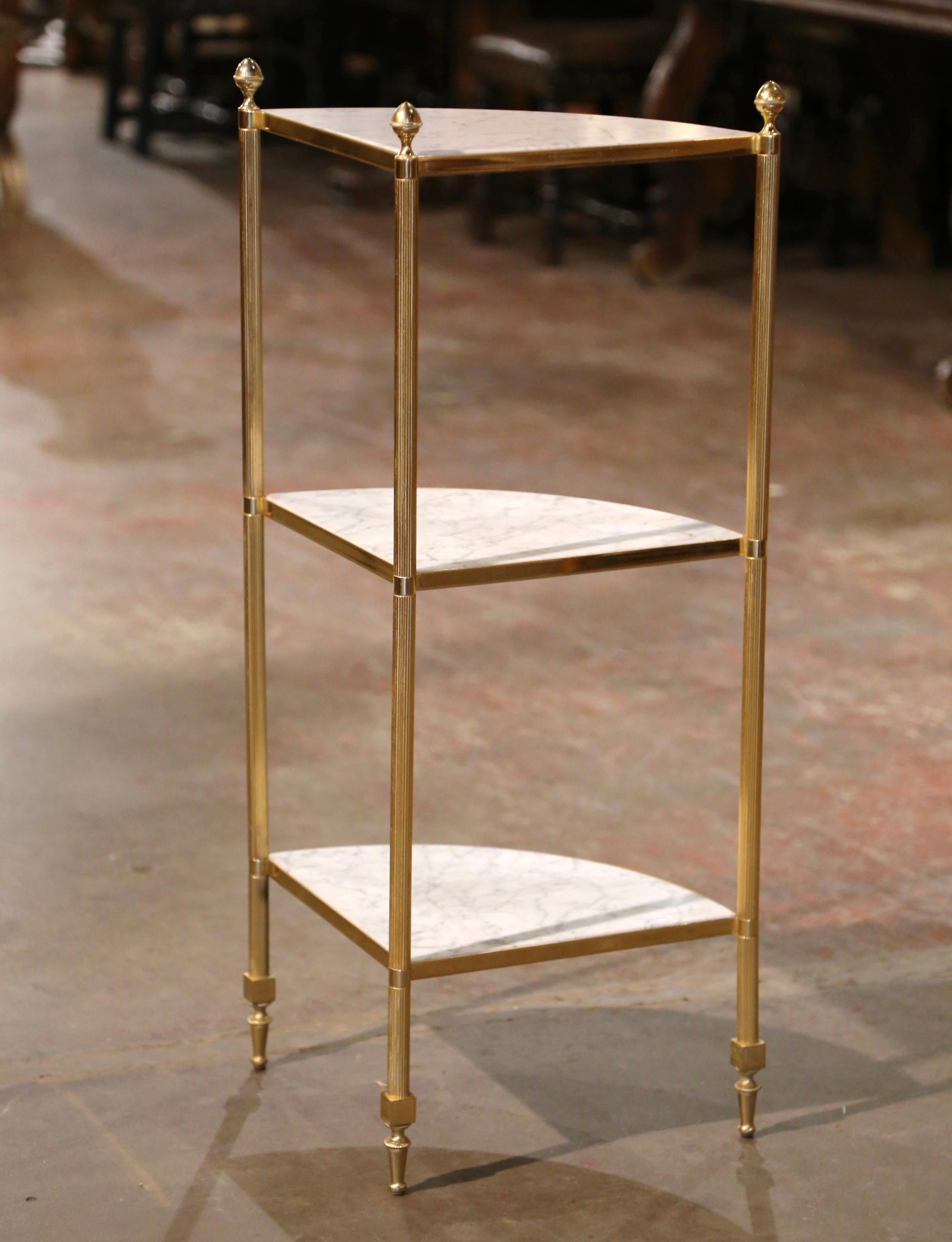 Mid-Century Brass and Marble Corner Three-Tier Etagere Shelf In Excellent Condition In Dallas, TX