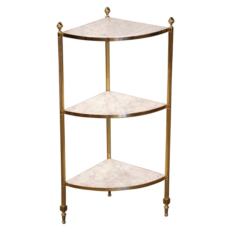 Mid-Century Brass and Marble Corner Three-Tier Etagere Shelf at
