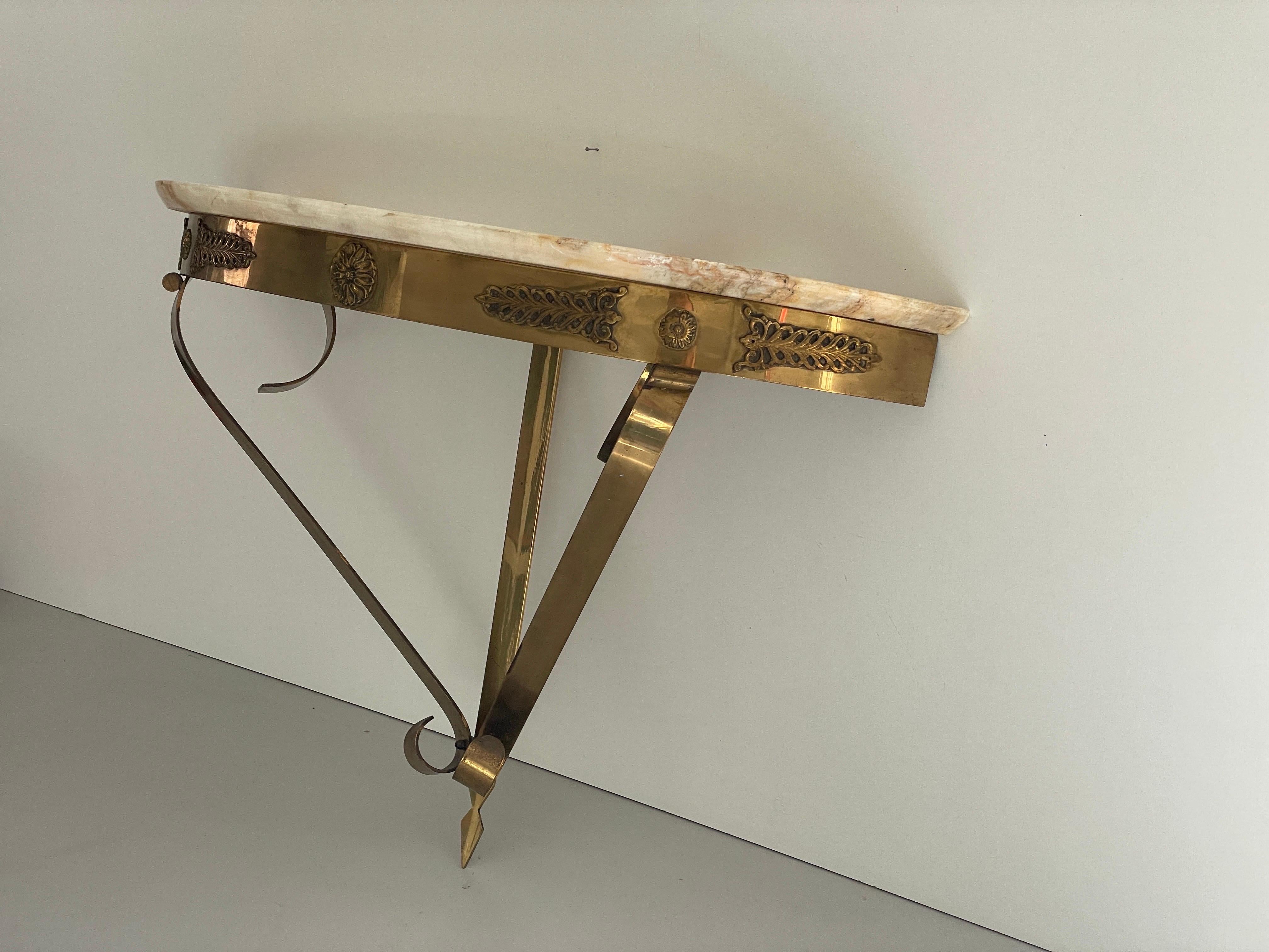 Mid-Century Brass and Marble Top Floating Wall Console Table, 1950s, Italy For Sale 9