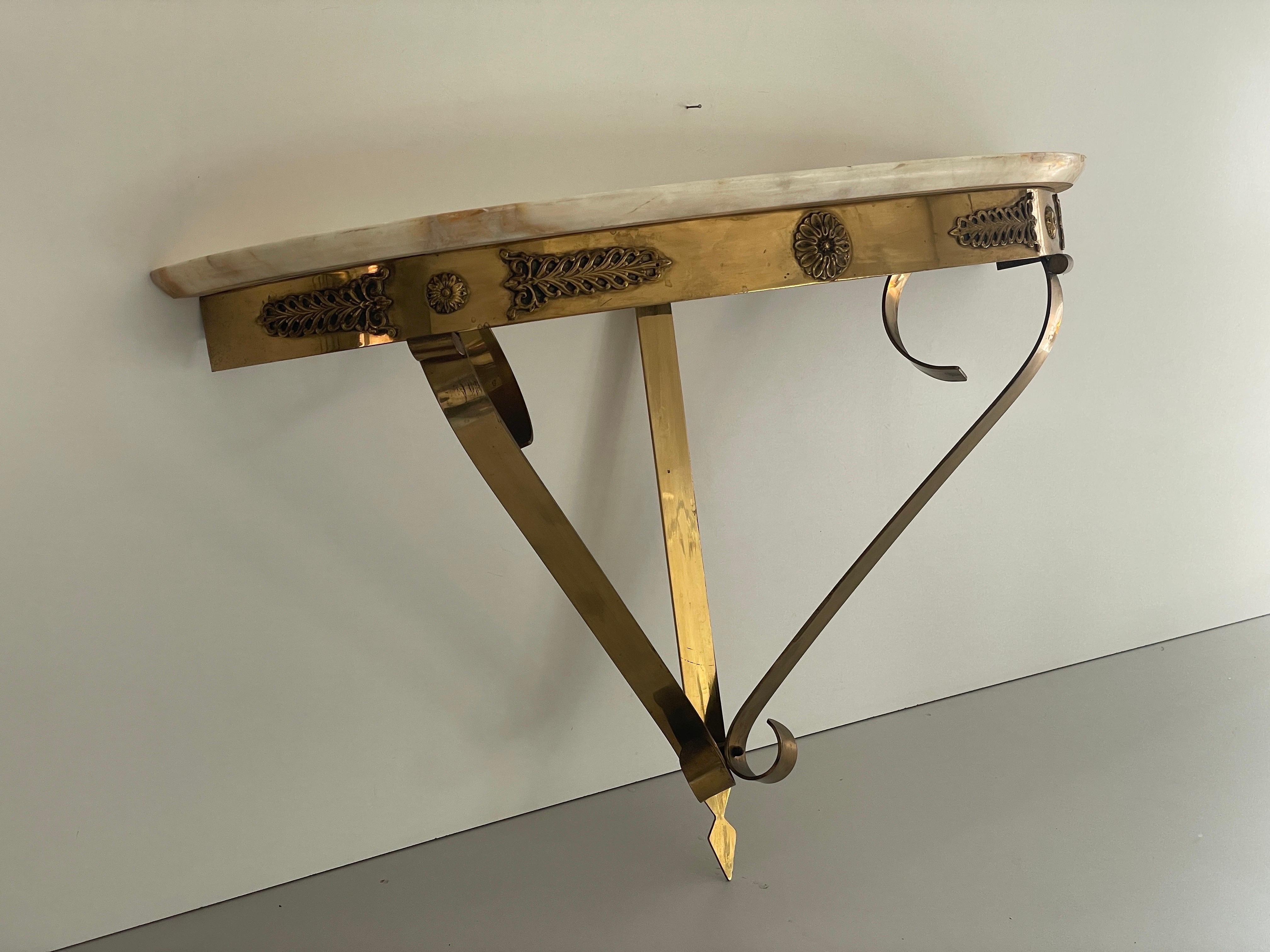 Mid-Century Brass and Marble Top Floating Wall Console Table, 1950s, Italy For Sale 12