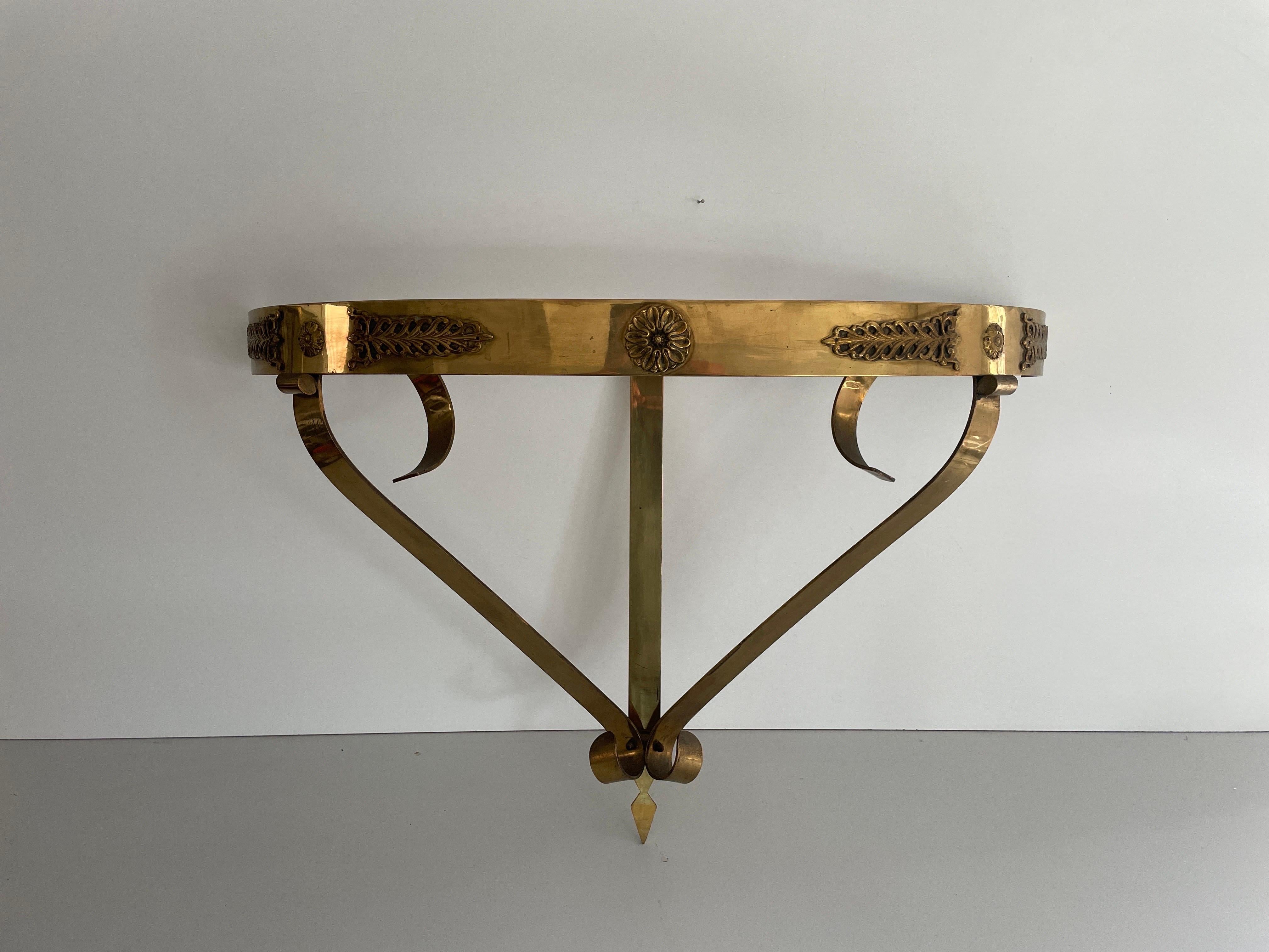 Mid-Century Modern Mid-Century Brass and Marble Top Floating Wall Console Table, 1950s, Italy For Sale
