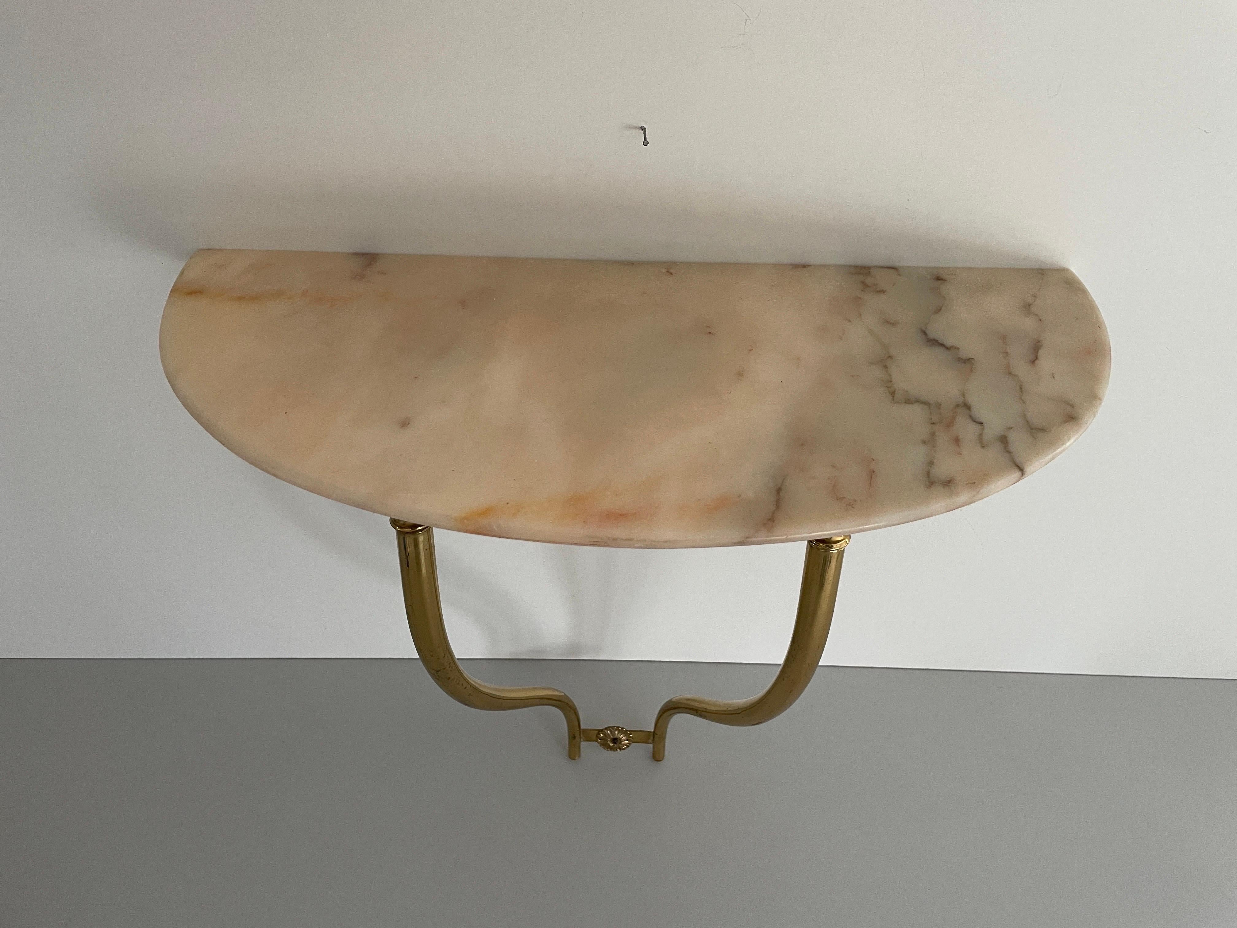 Italian Mid-Century Brass and Marble Top Floating Wall Console Table, 1950s, Italy