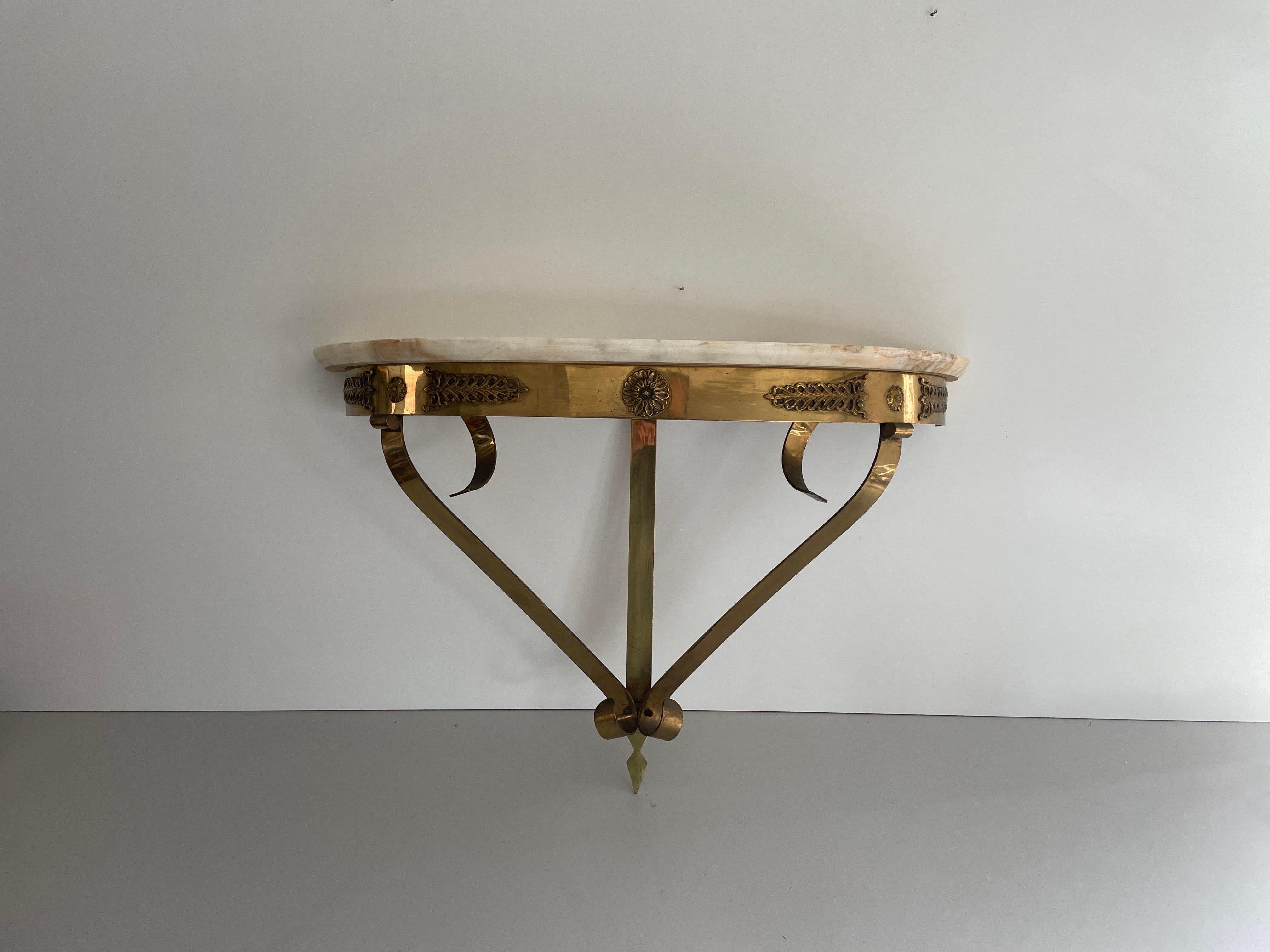 Italian Mid-Century Brass and Marble Top Floating Wall Console Table, 1950s, Italy For Sale