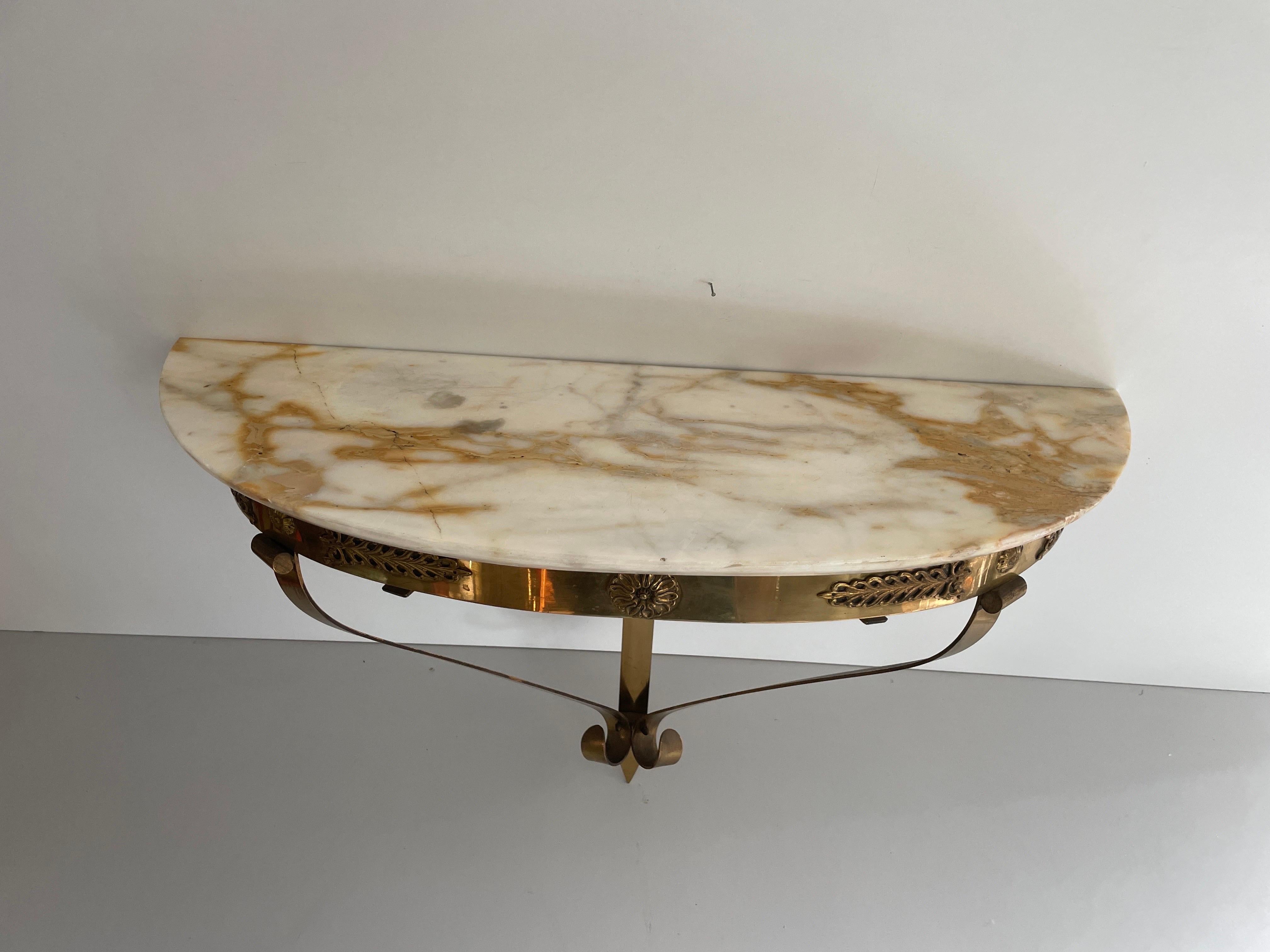 Mid-20th Century Mid-Century Brass and Marble Top Floating Wall Console Table, 1950s, Italy For Sale