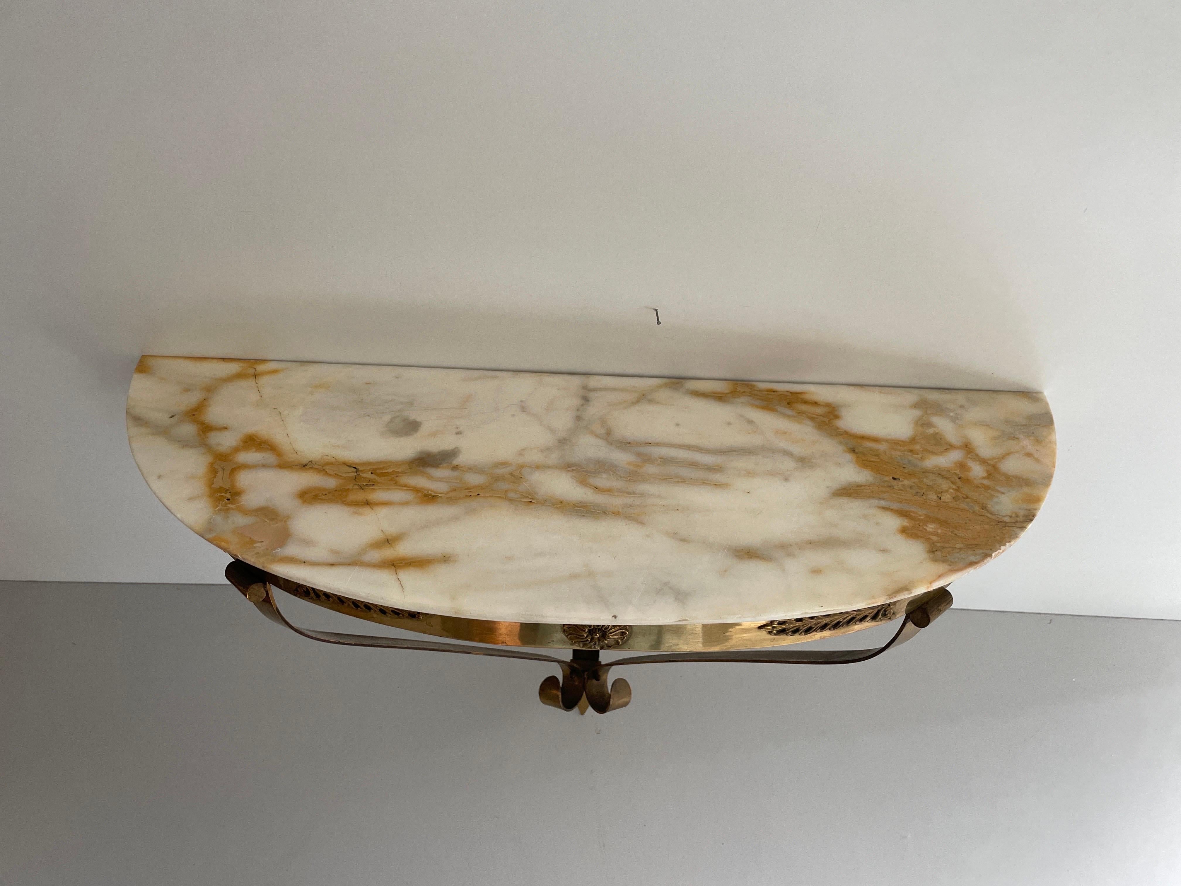 Mid-Century Brass and Marble Top Floating Wall Console Table, 1950s, Italy For Sale 1