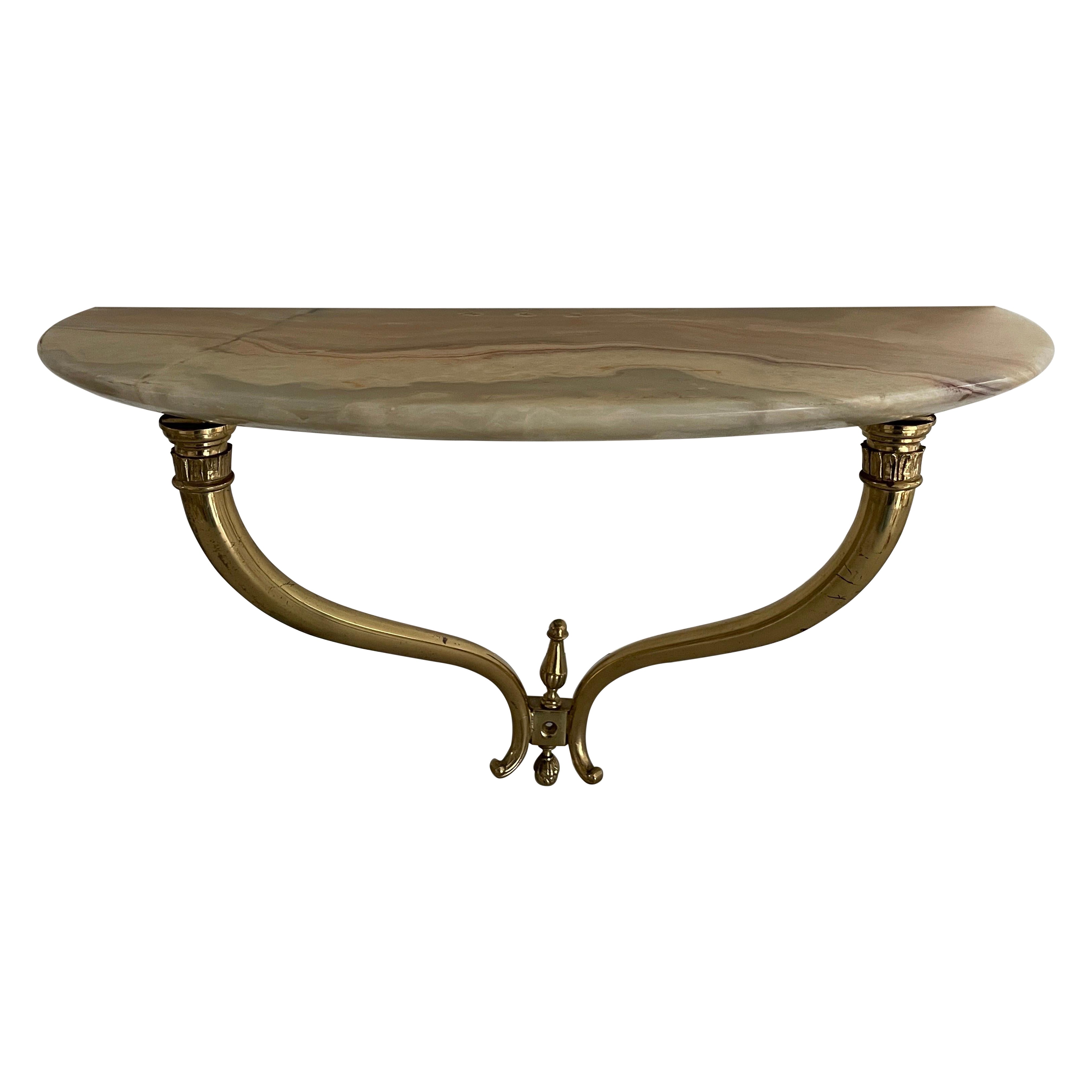 Mid-Century Brass and Marble Top Floating Wall Console Table, 1950s, Italy