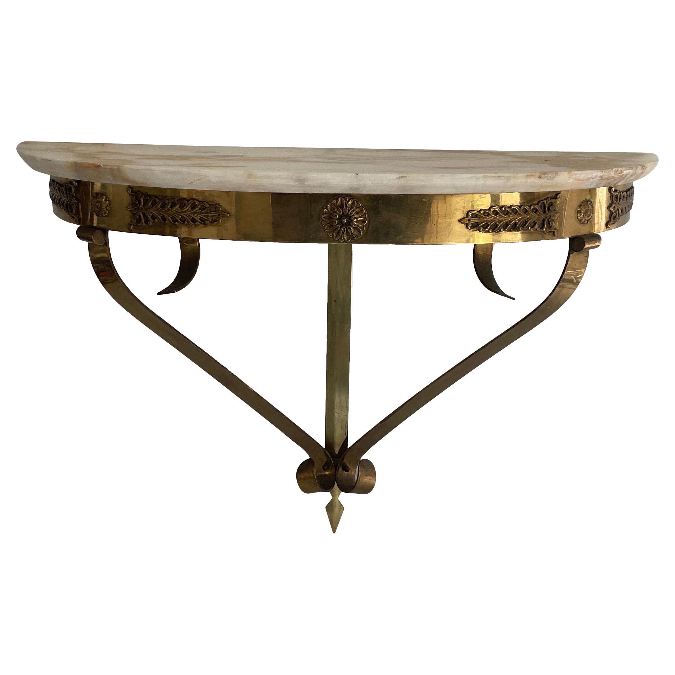 Consola de pared flotante de mediados de siglo, latón y tapa de mármol, años 50, Italia