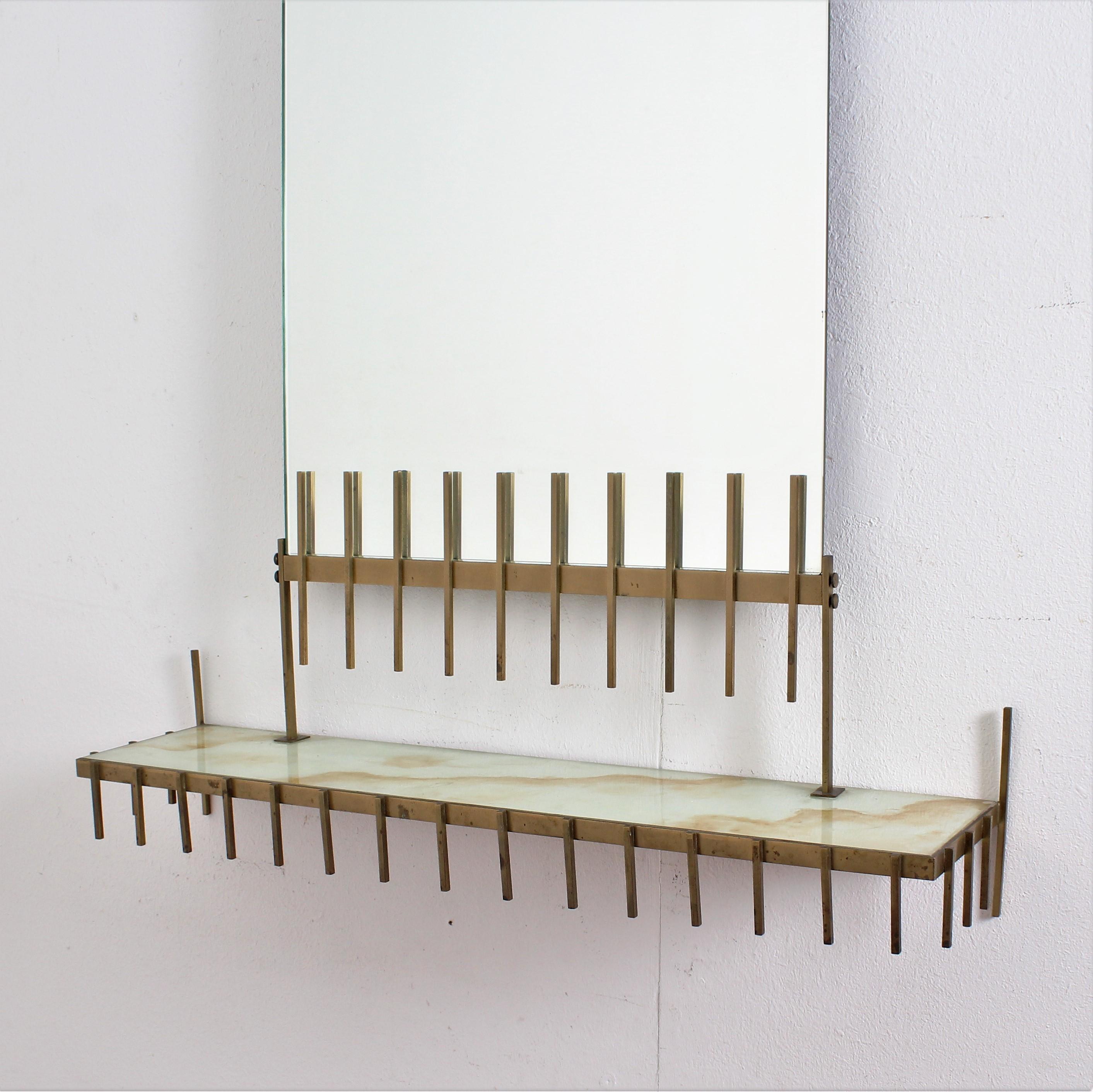 Italian Midcentury Brass and Marbled Glass Mirror Console by Ettore Sottsass, Italy