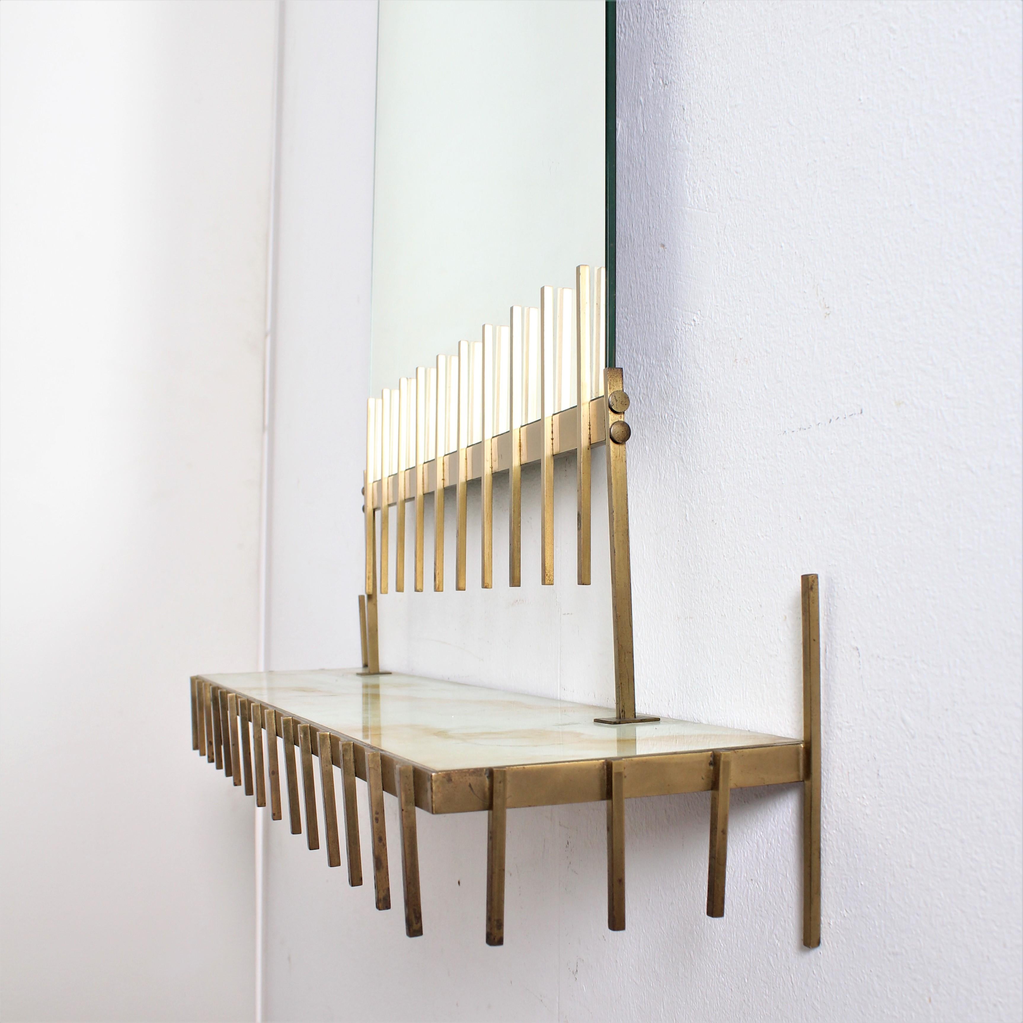 Midcentury Brass and Marbled Glass Mirror Console by Ettore Sottsass, Italy (Mitte des 20. Jahrhunderts)