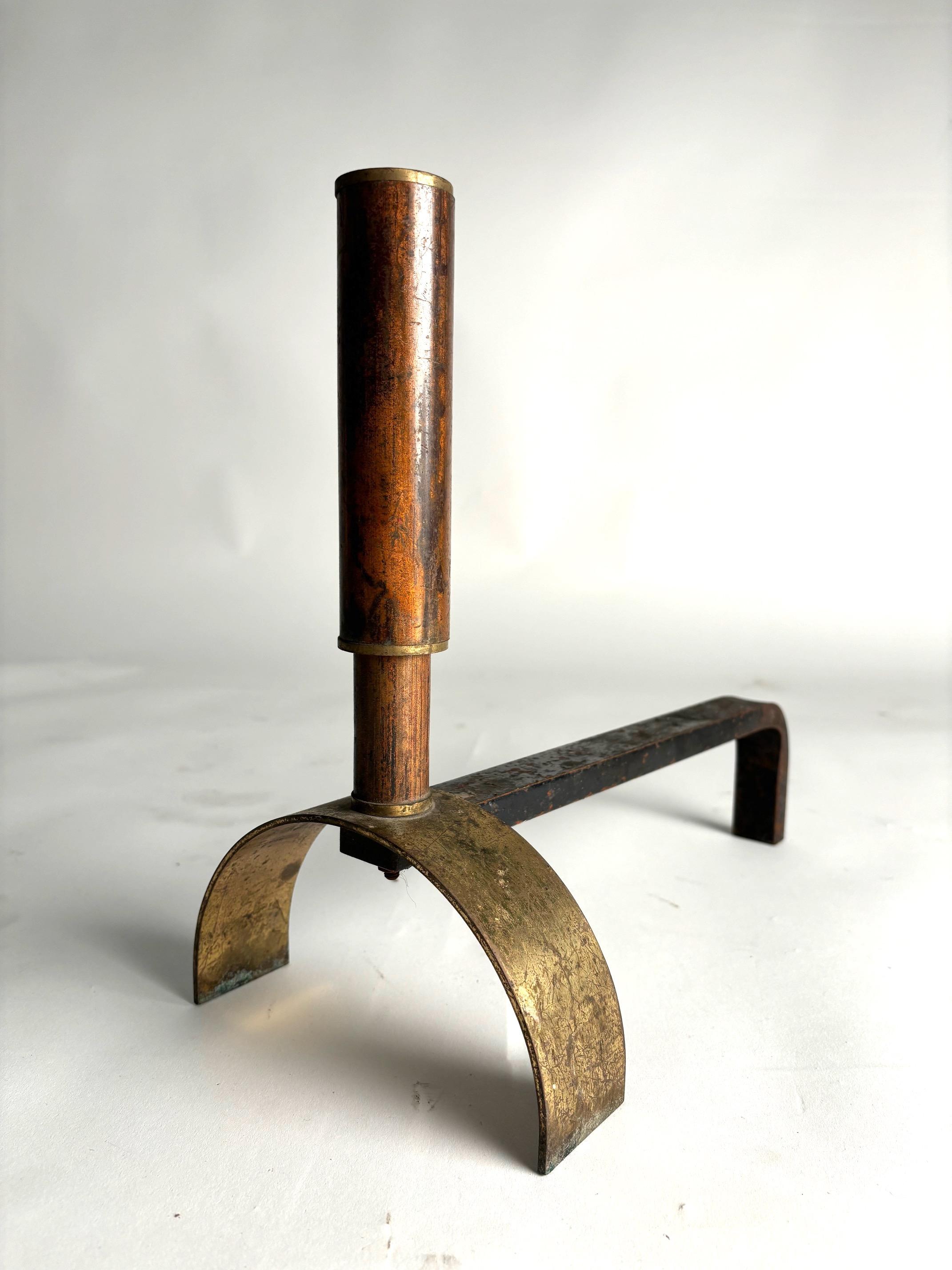 Rare and precious pair of Mid-Century brass and metal andirons made in Italy, 1950s