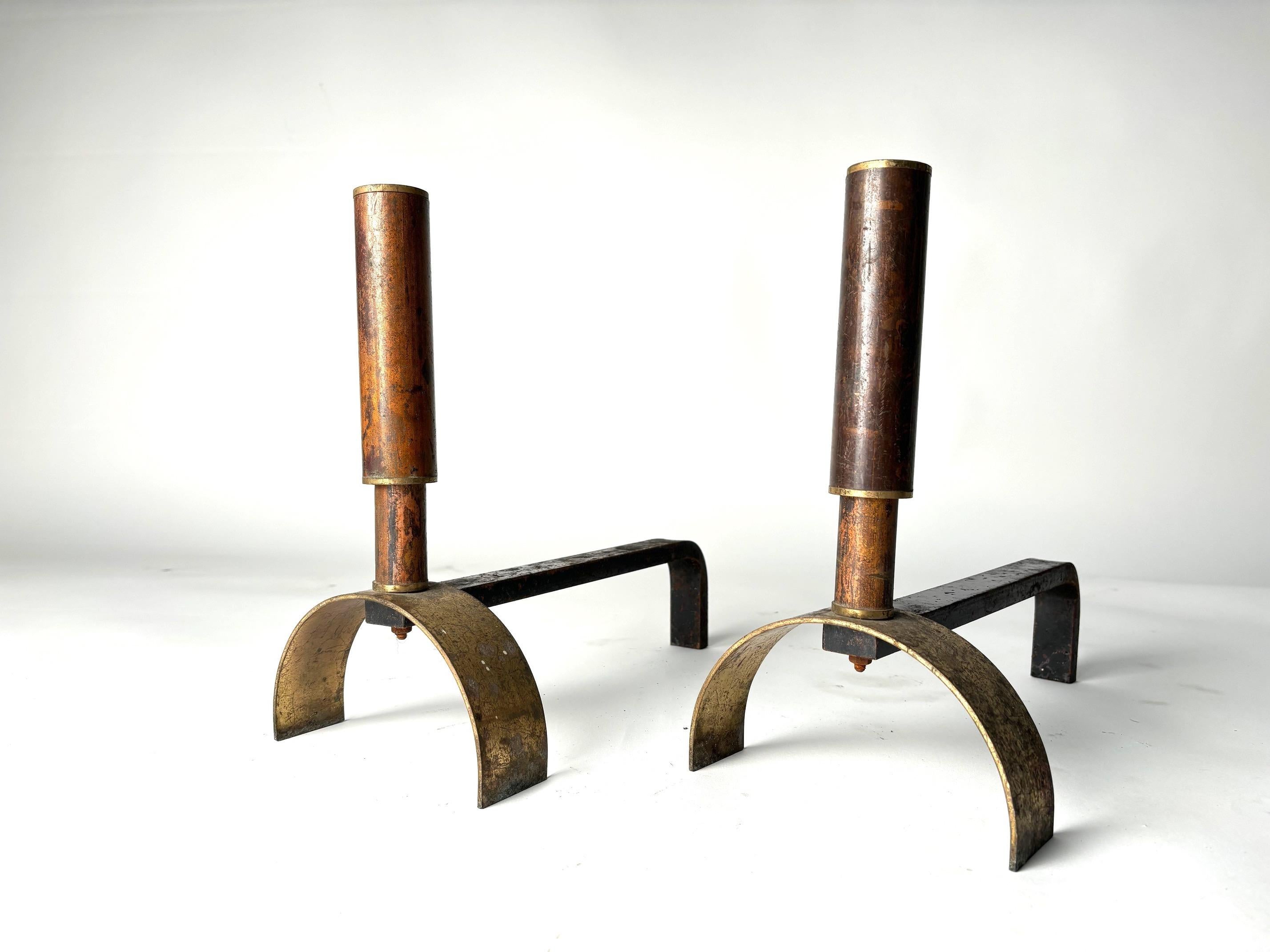 Mid-Century Modern Mid-Century Brass and Metal Andirons, Italy, 1950s For Sale