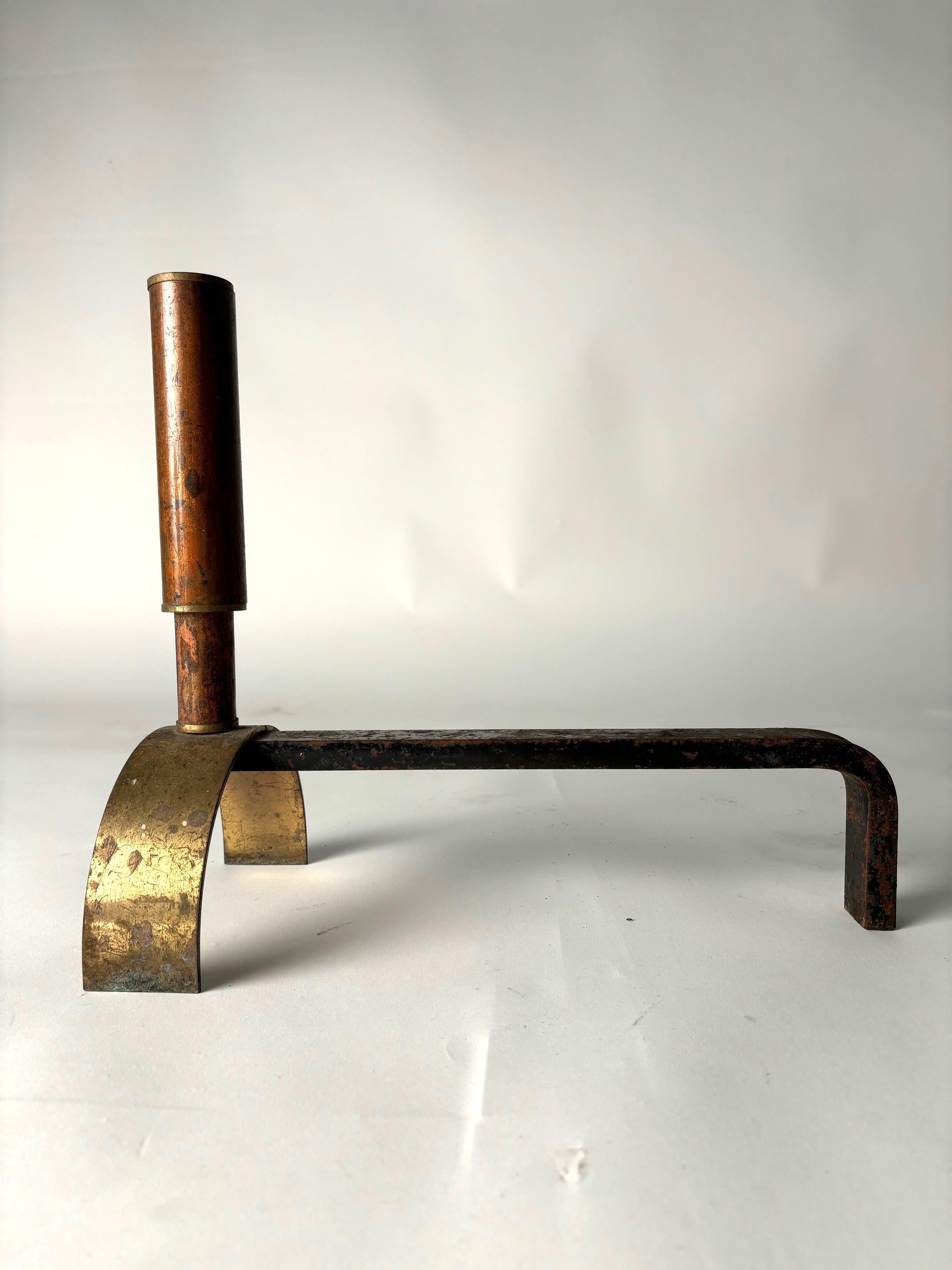 Mid-Century Brass and Metal Andirons, Italy, 1950s In Fair Condition For Sale In Argelato, BO