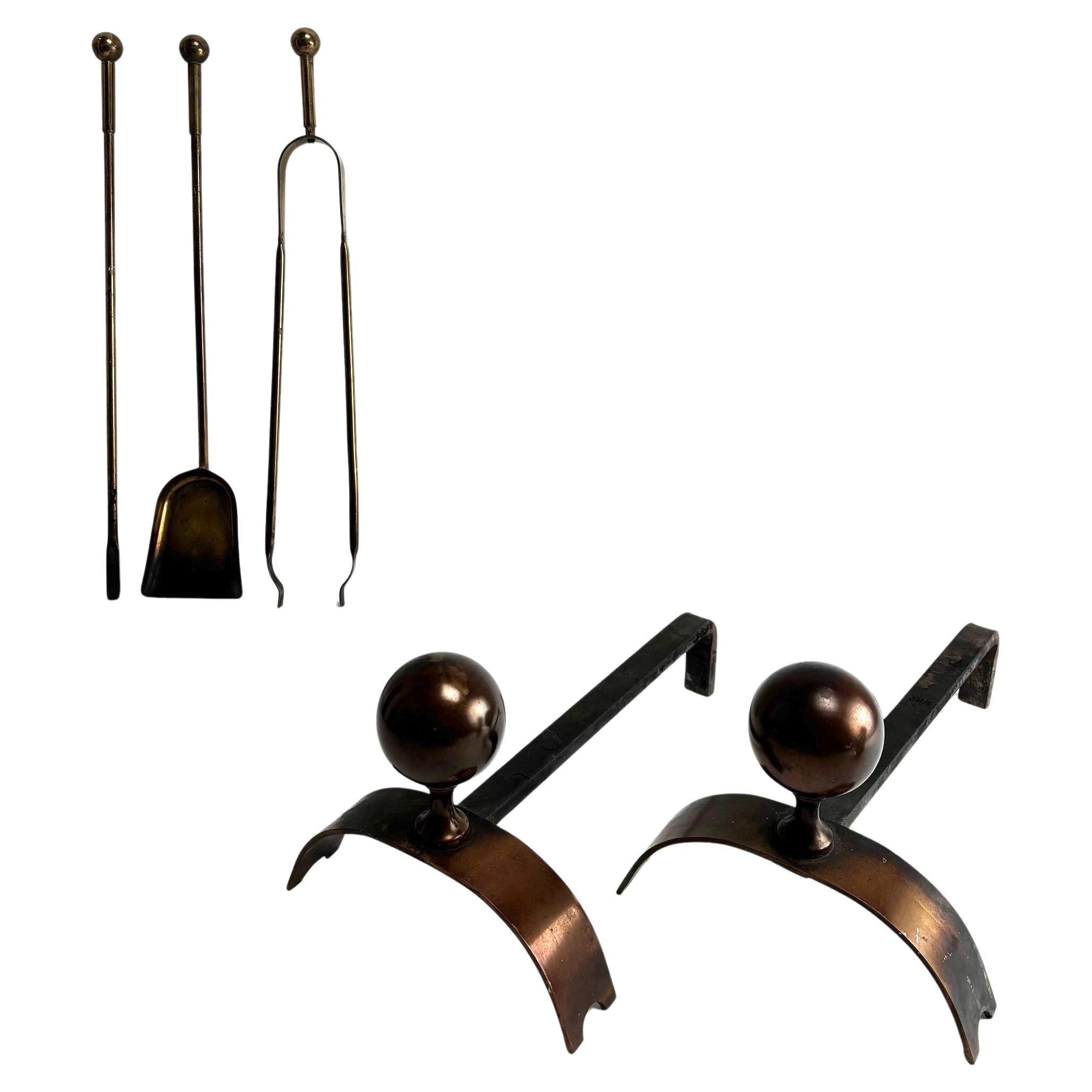 Mid-Century Brass and Metal Andirons, Italy, 1950s