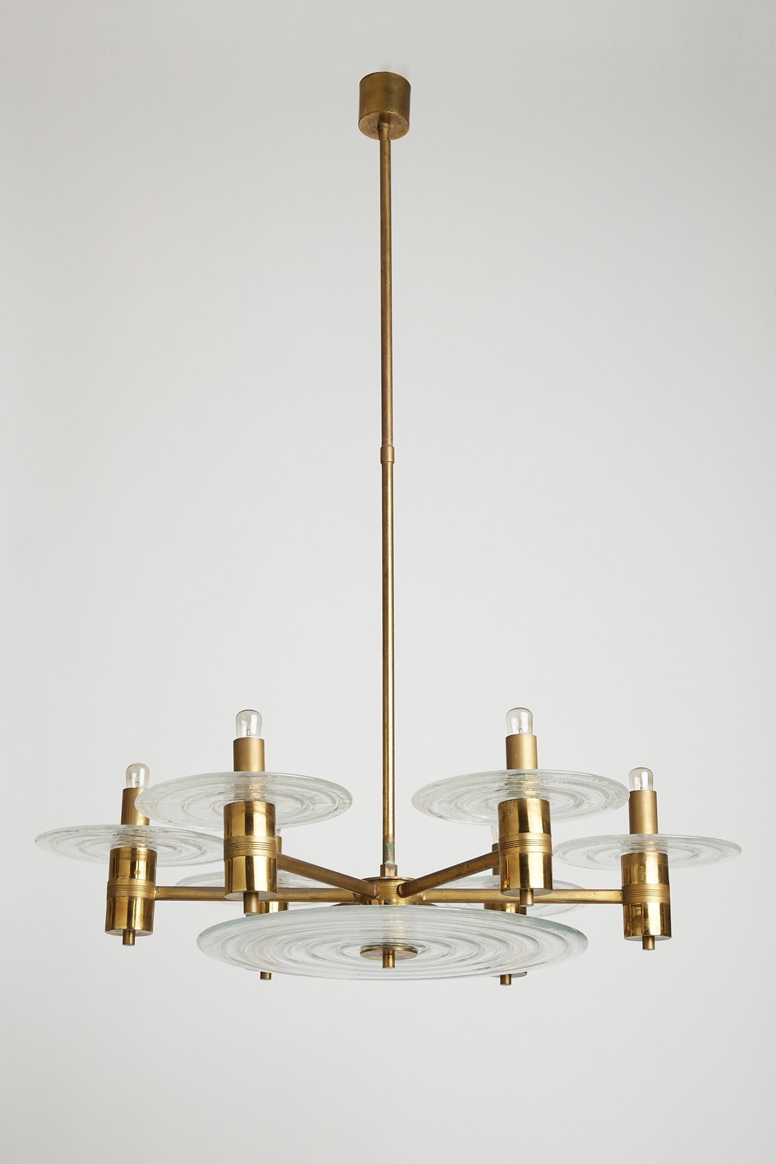 A large Murano glass and brass six armed ceiling light.
Italy, Circa 1950.