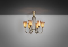 Mid-Century Brass and Opal 'ER 68/6' Chandelier for Itsu, Finland ca 1950s