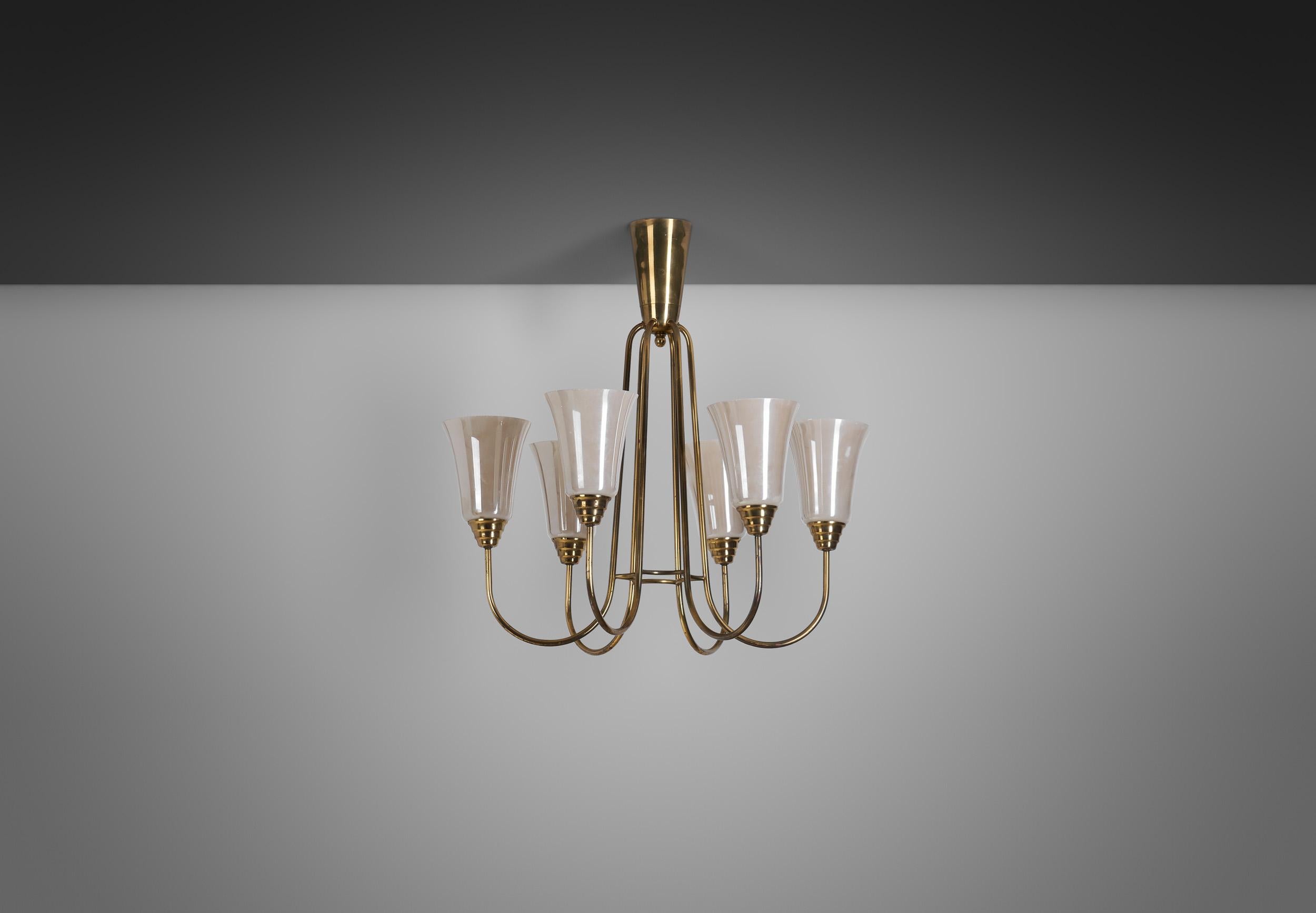 Mid-Century Modern Mid-Century Brass and Opal 'ER 68/6' Chandelier for Itsu, Finland ca 1950s For Sale