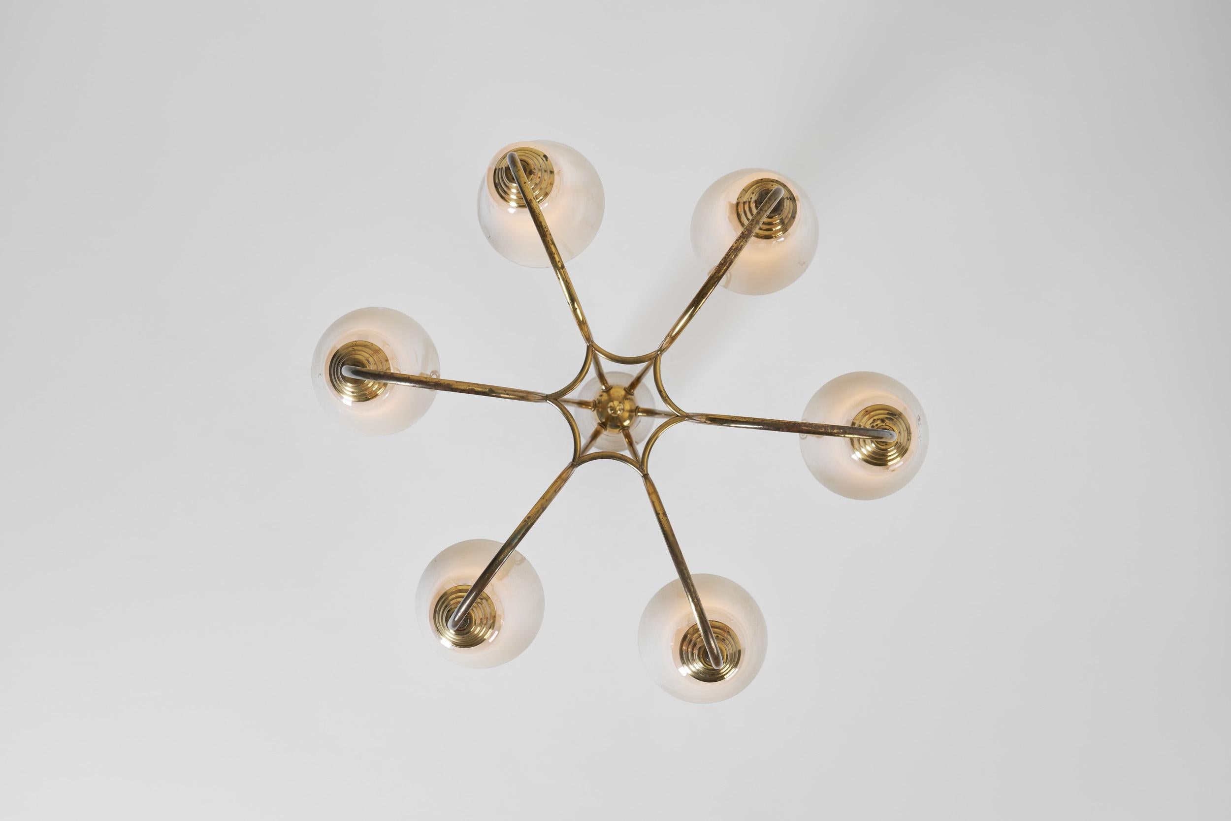 Mid-Century Brass and Opal 'ER 68/6' Chandelier for Itsu, Finland ca 1950s 2