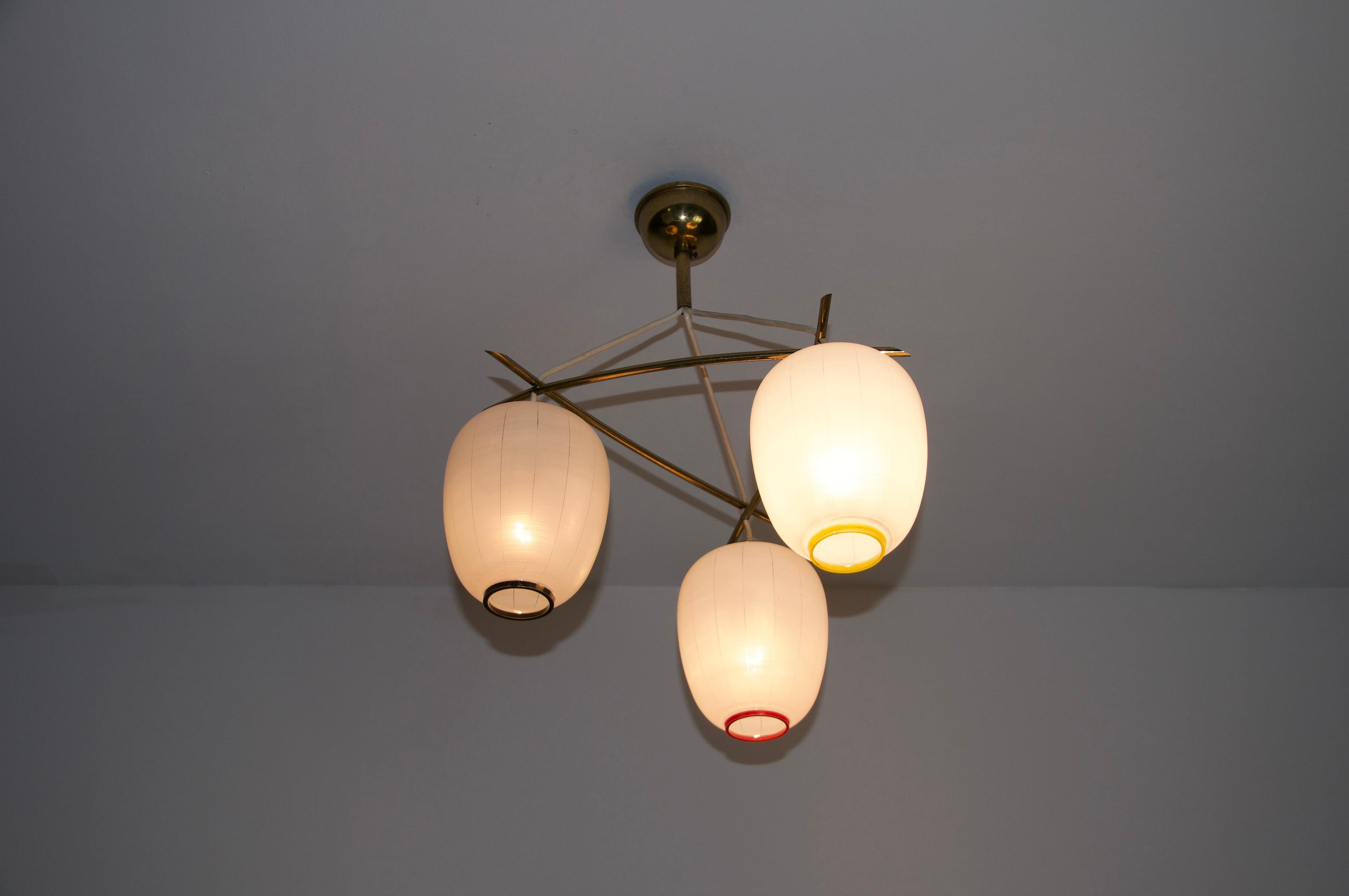 Mid-Century Brass and Opal Glass Cascade Ceiling Lamp, Germany, 1960s In Good Condition For Sale In Hagenbach, DE