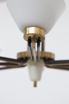 Mid-Century Brass and Opal Glass Chandelier
