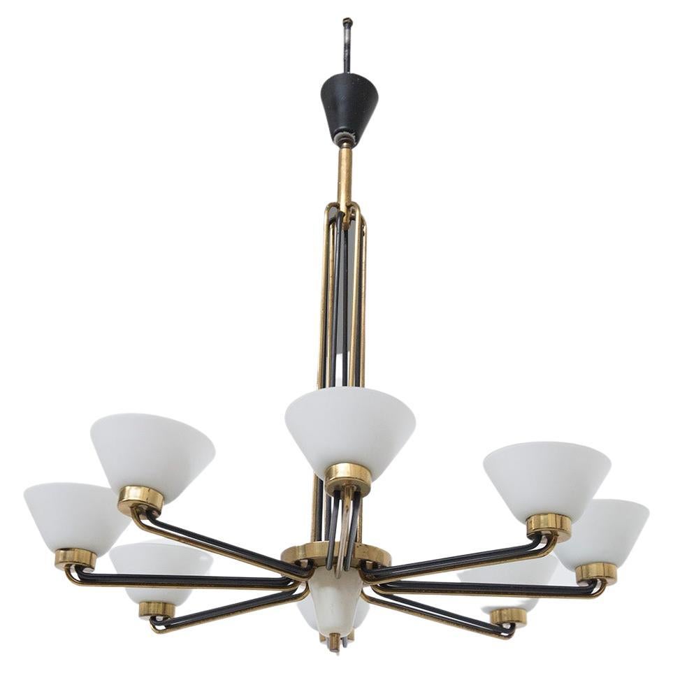 Mid-Century Brass and Opal Glass Chandelier For Sale