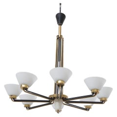 Mid-Century Brass and Opal Glass Chandelier