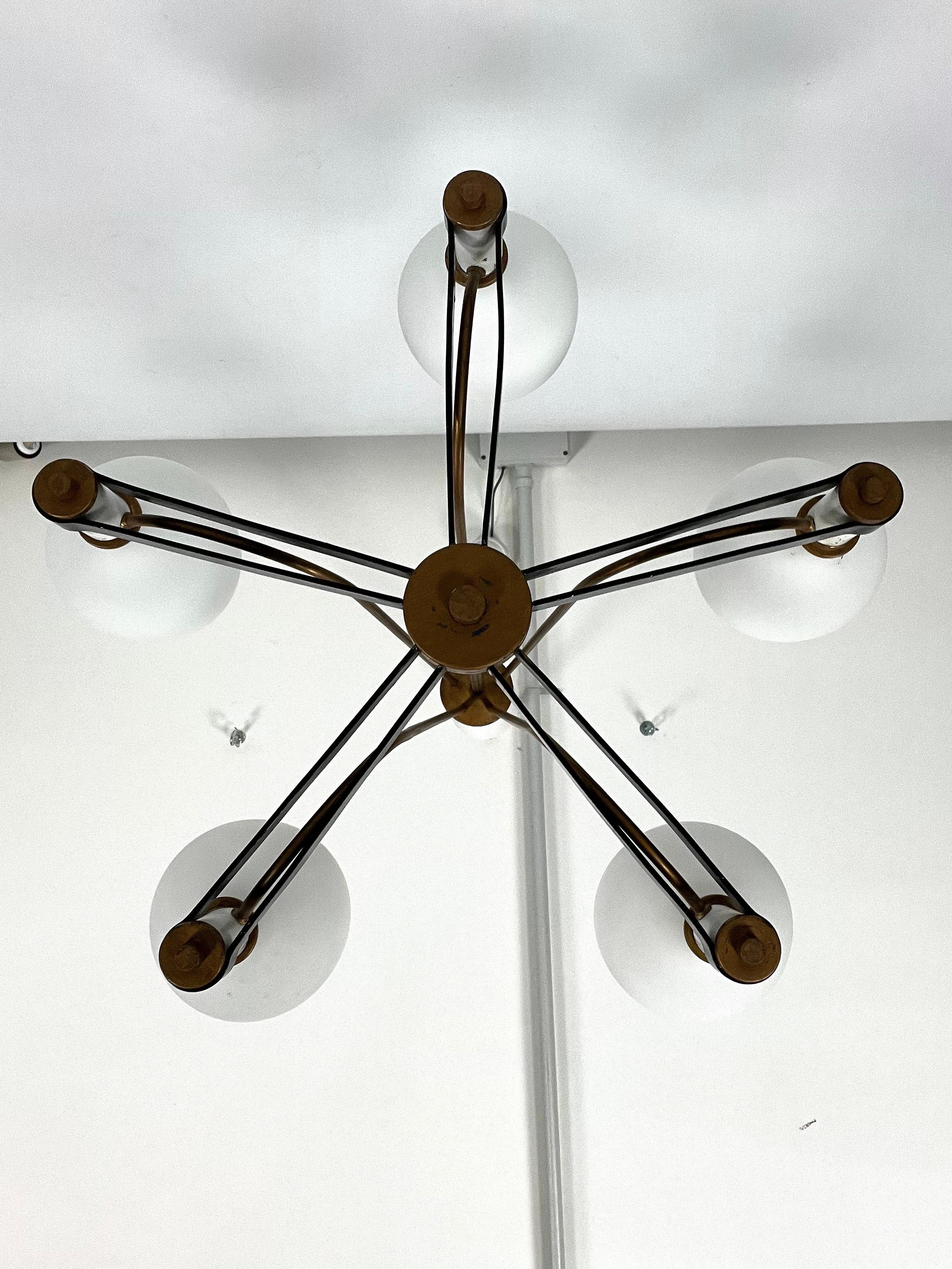 Italian Mid-Century brass and opaline glass 5 arms chandelier in Arredoluce manner. Ital For Sale