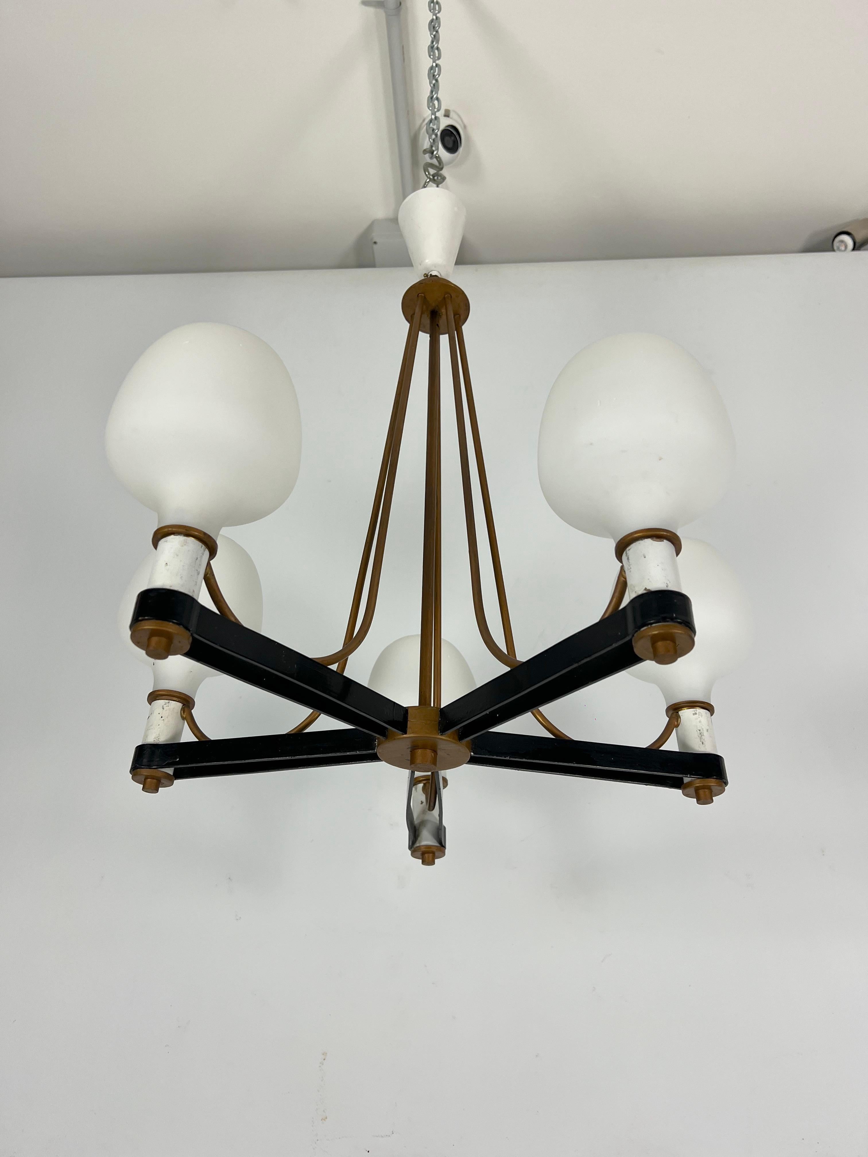20th Century Mid-Century brass and opaline glass 5 arms chandelier in Arredoluce manner. Ital For Sale