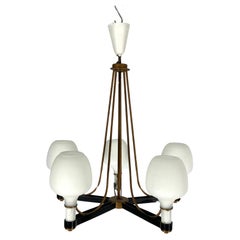 Mid-Century brass and opaline glass 5 arms chandelier in Arredoluce manner. Ital