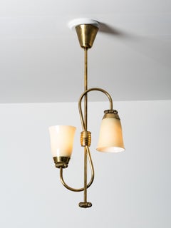 Mid-Century Brass and Opaline Glass Chandelier by Sievä Oy, Finland, 1950s