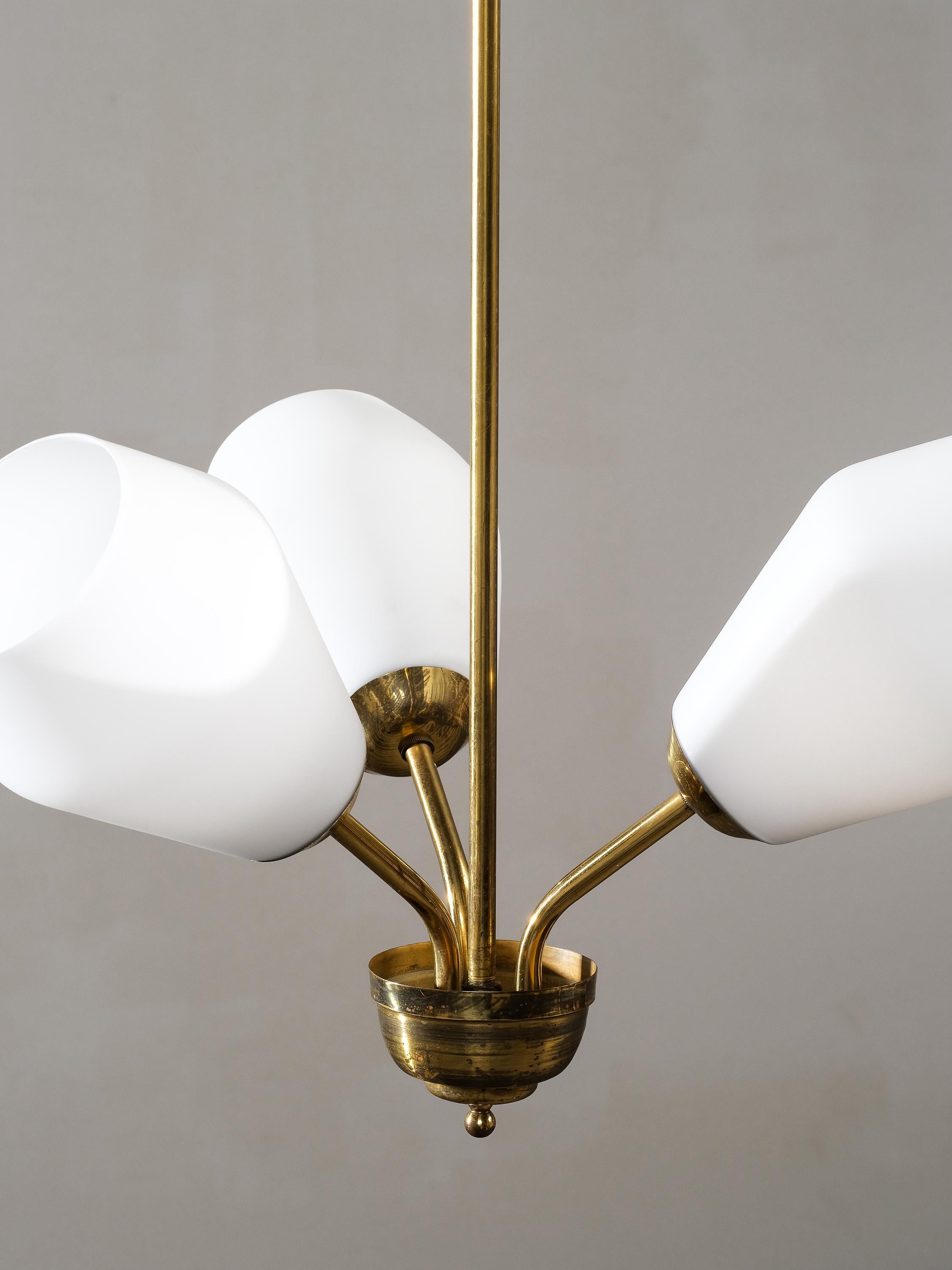 Scandinavian Modern Mid-Century Brass and Opaline Glass Chandelier, Finland, 1950s For Sale