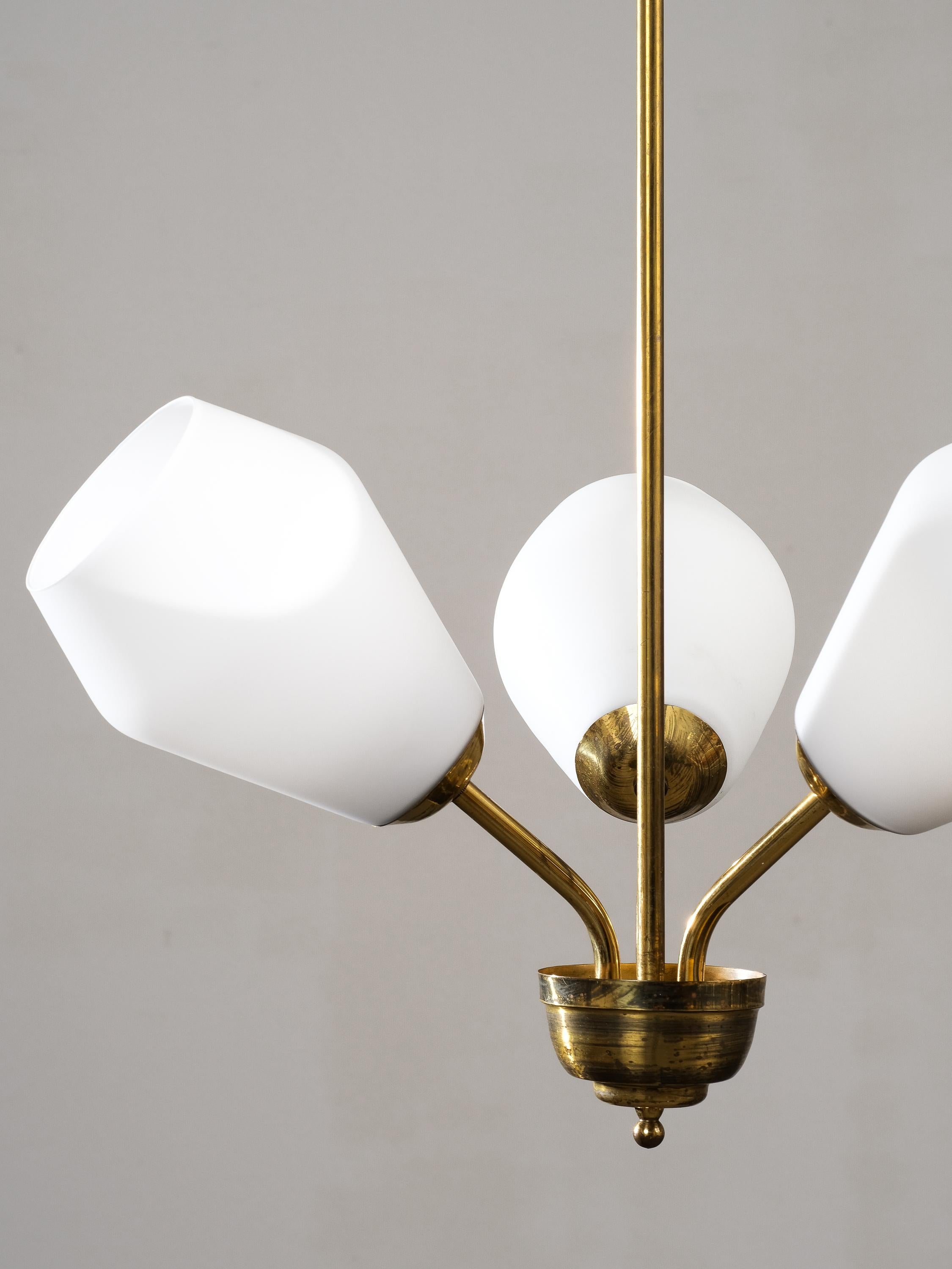 Finnish Mid-Century Brass and Opaline Glass Chandelier, Finland, 1950s For Sale