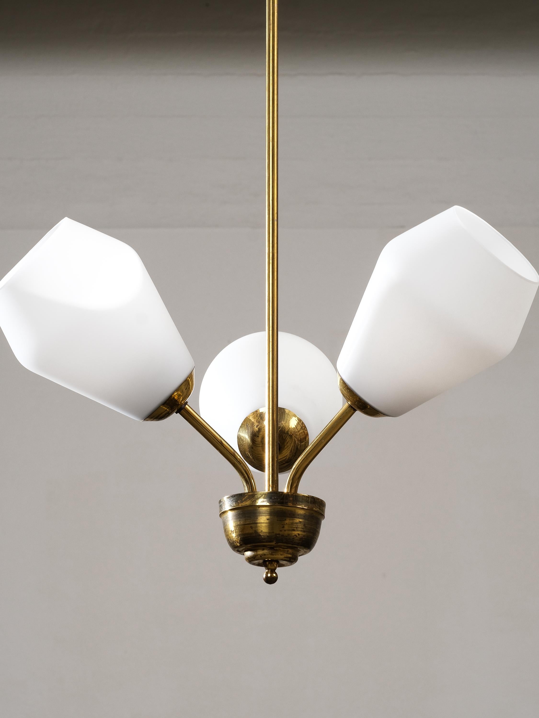 Mid-20th Century Mid-Century Brass and Opaline Glass Chandelier, Finland, 1950s For Sale
