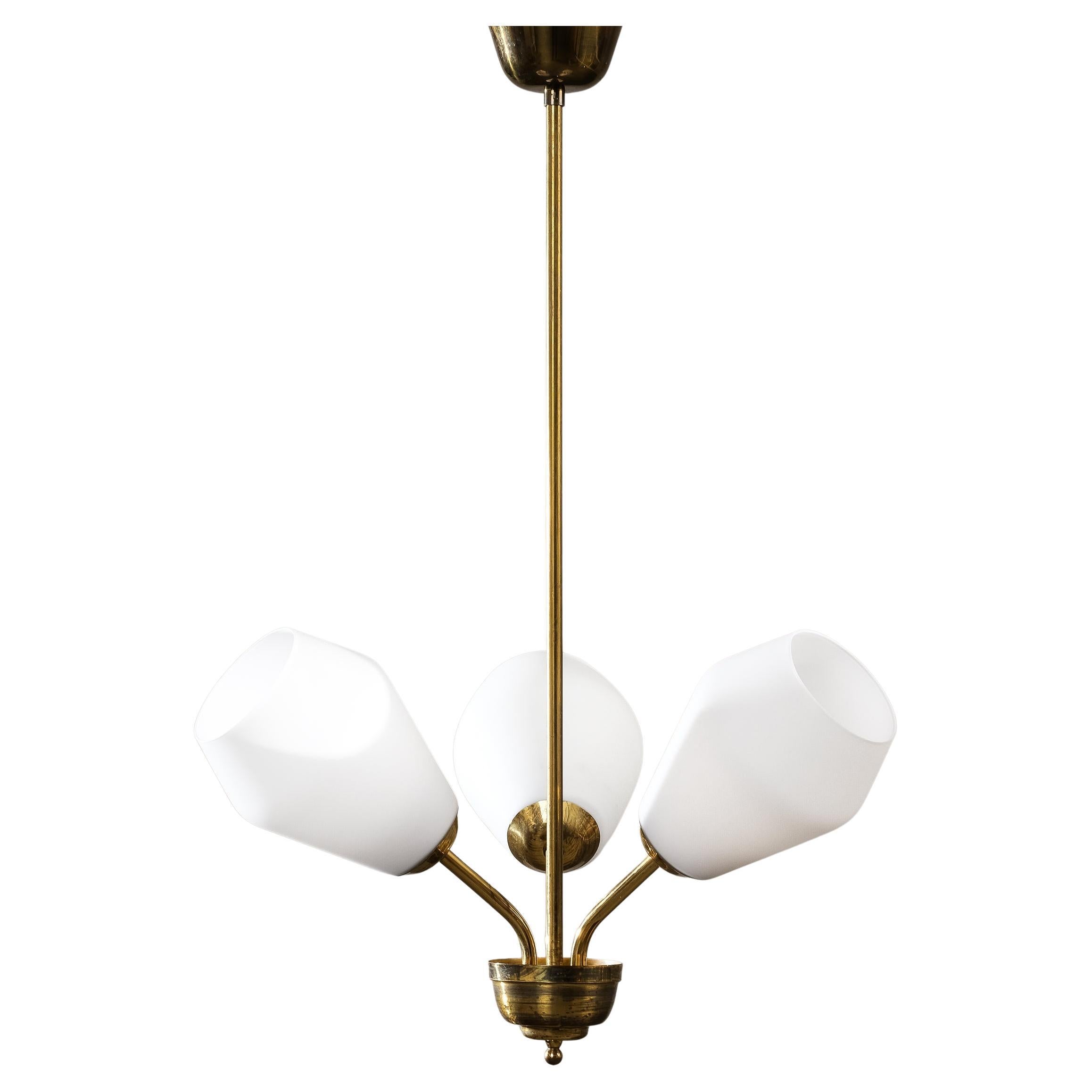 Mid-Century Brass and Opaline Glass Chandelier, Finland, 1950s