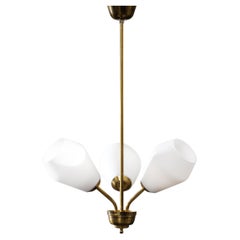 Mid-Century Brass and Opaline Glass Chandelier, Finland, 1950s