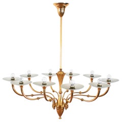 Midcentury Brass and Opaline Glass Chandelier Sciolari Attributed, Italy, 1950