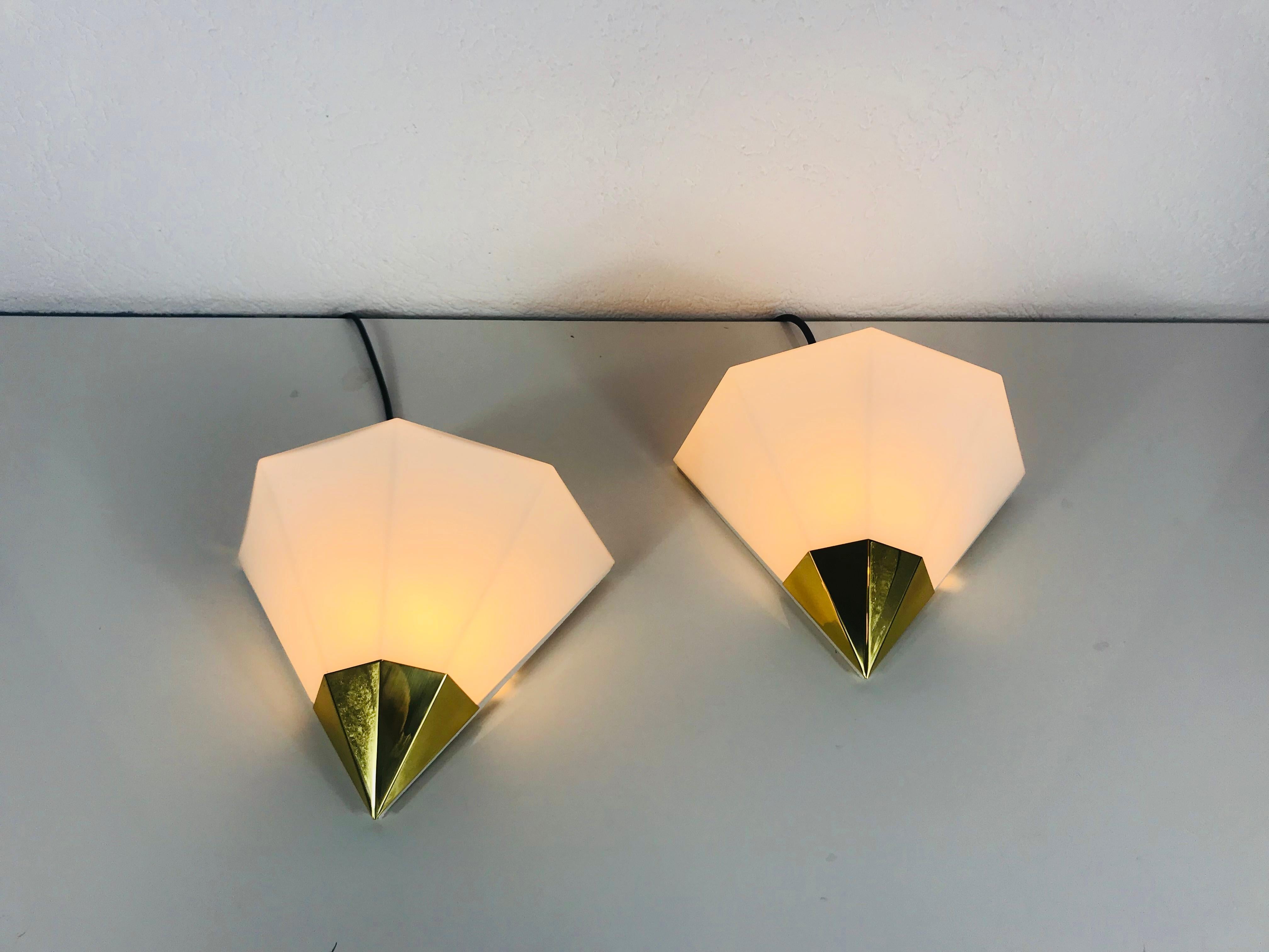 Mid-Century Modern Midcentury Brass and Opaline Glass Wall Lamps by Limburg, Germany, 1970s, Set For Sale