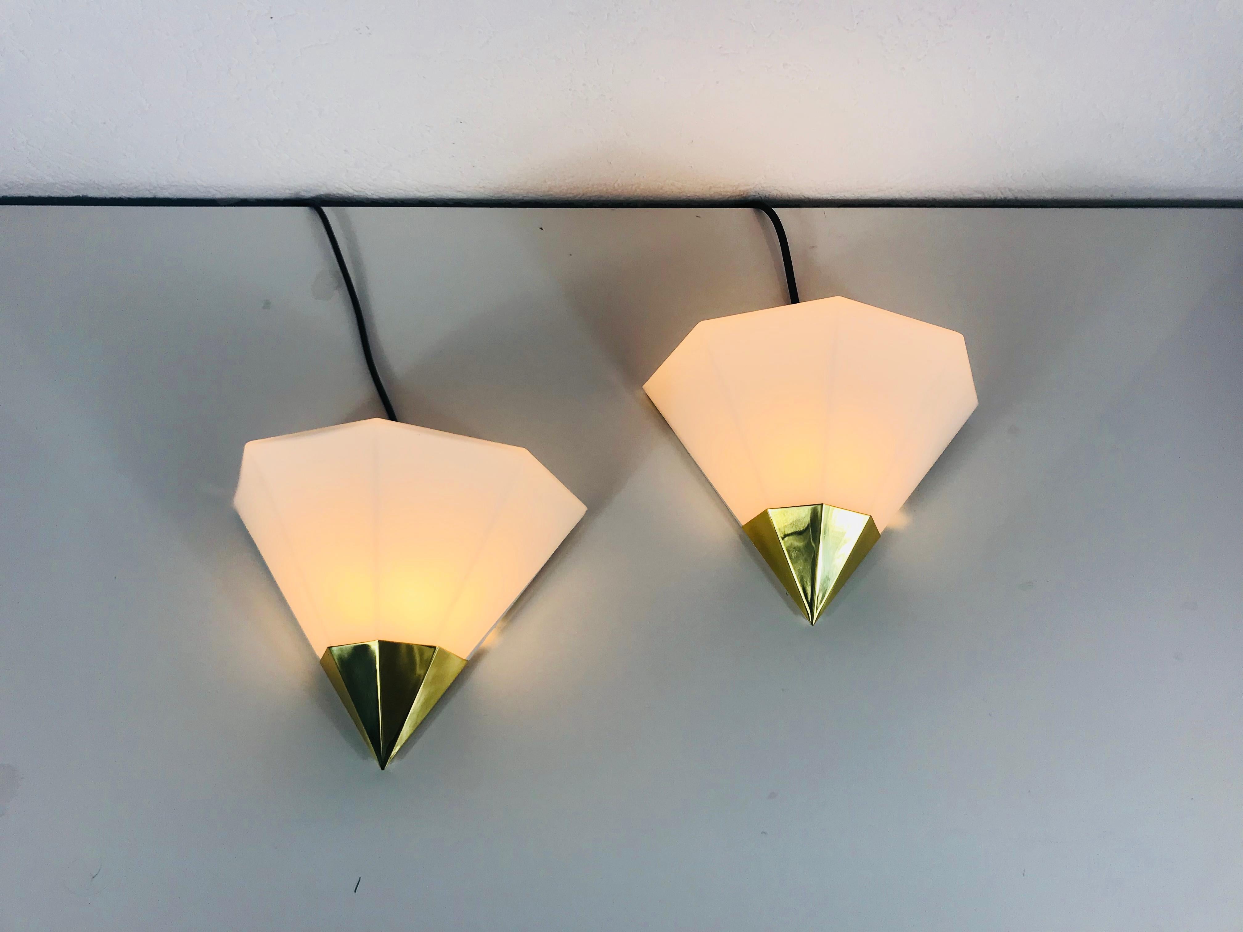 Midcentury Brass and Opaline Glass Wall Lamps by Limburg, Germany, 1970s, Set For Sale 2