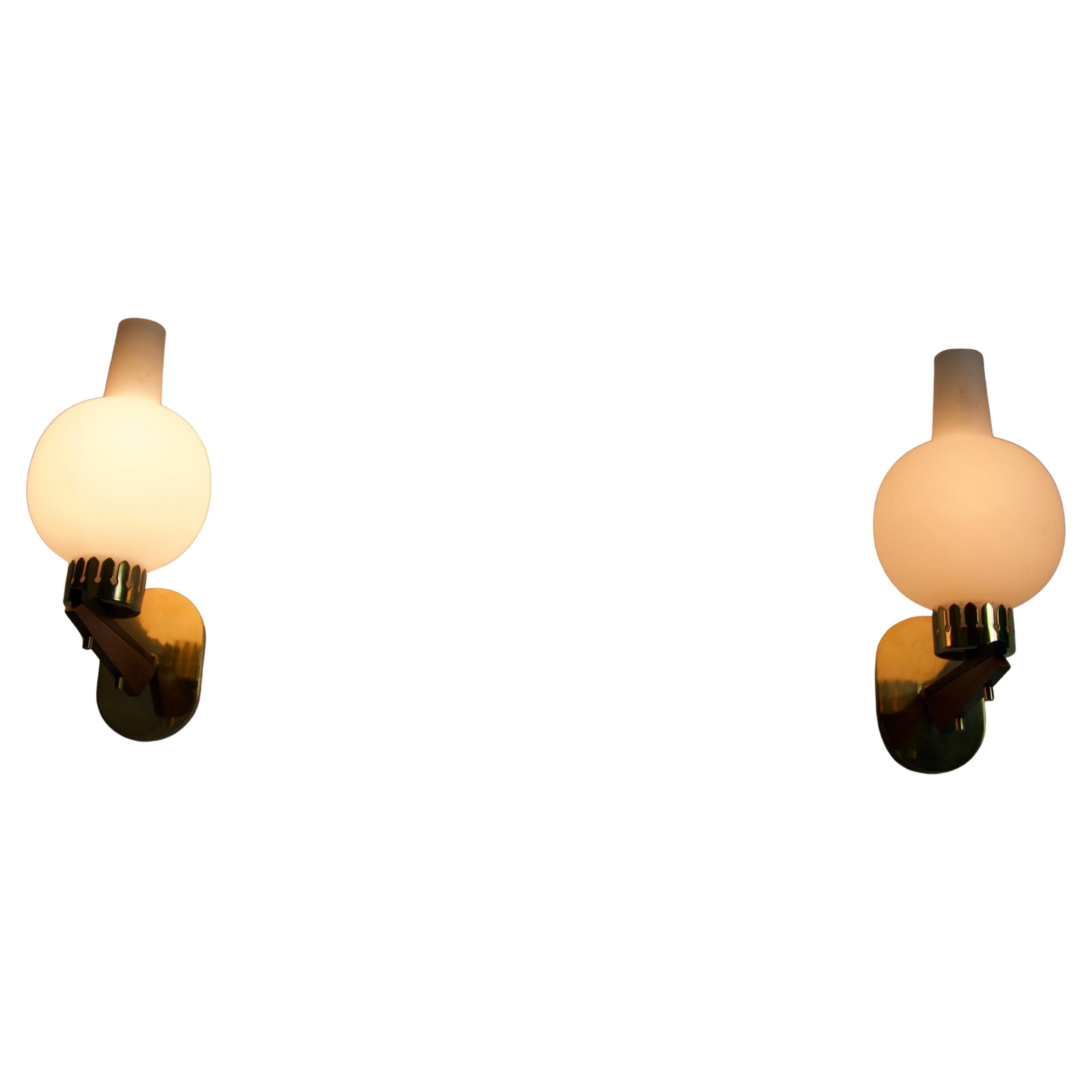 Mid-Century Brass and Opaline Wall Lamps by Stilnovo, Italy, 1960s
