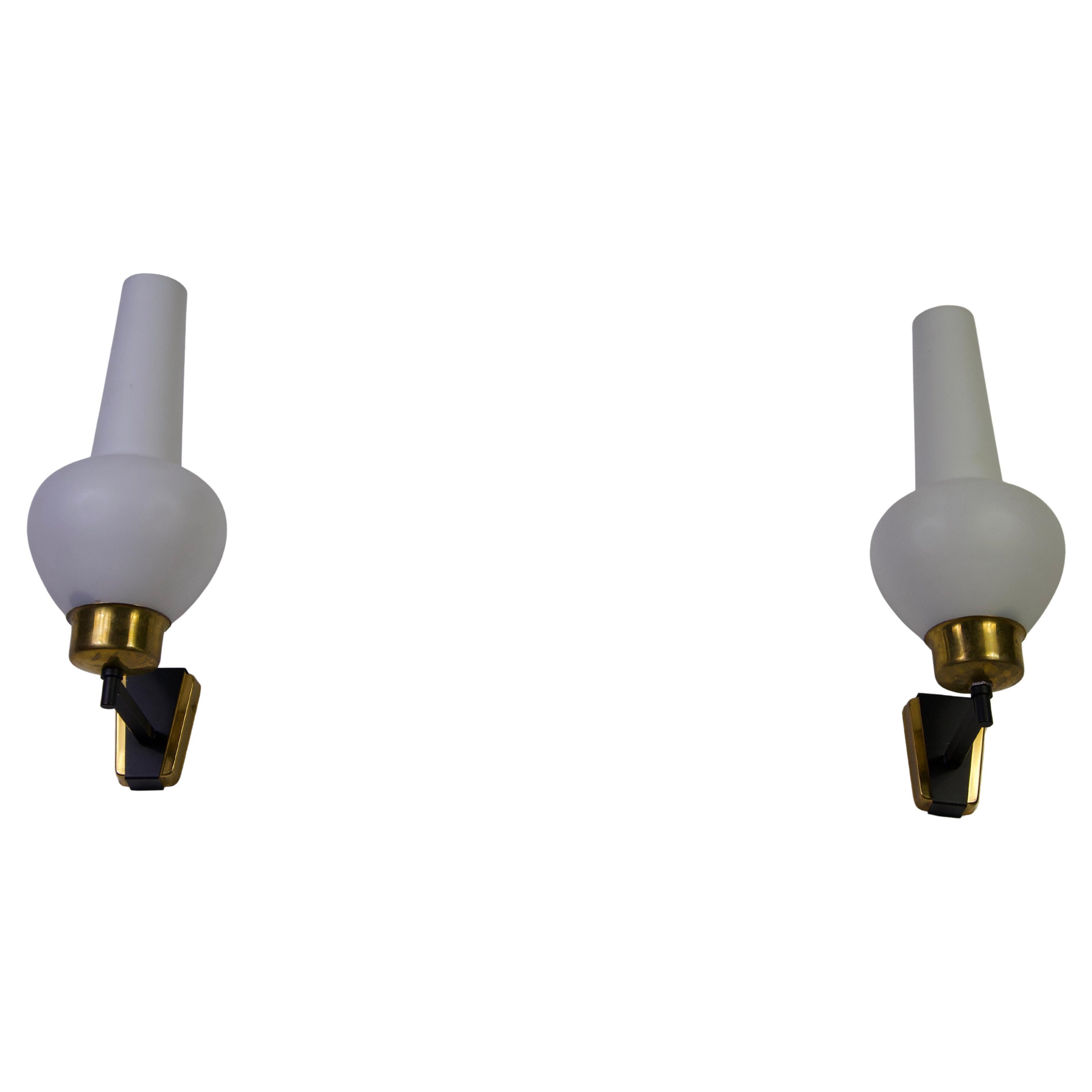 Mid-Century Brass and Opaline Wall Lamps, Italy, 1960s For Sale