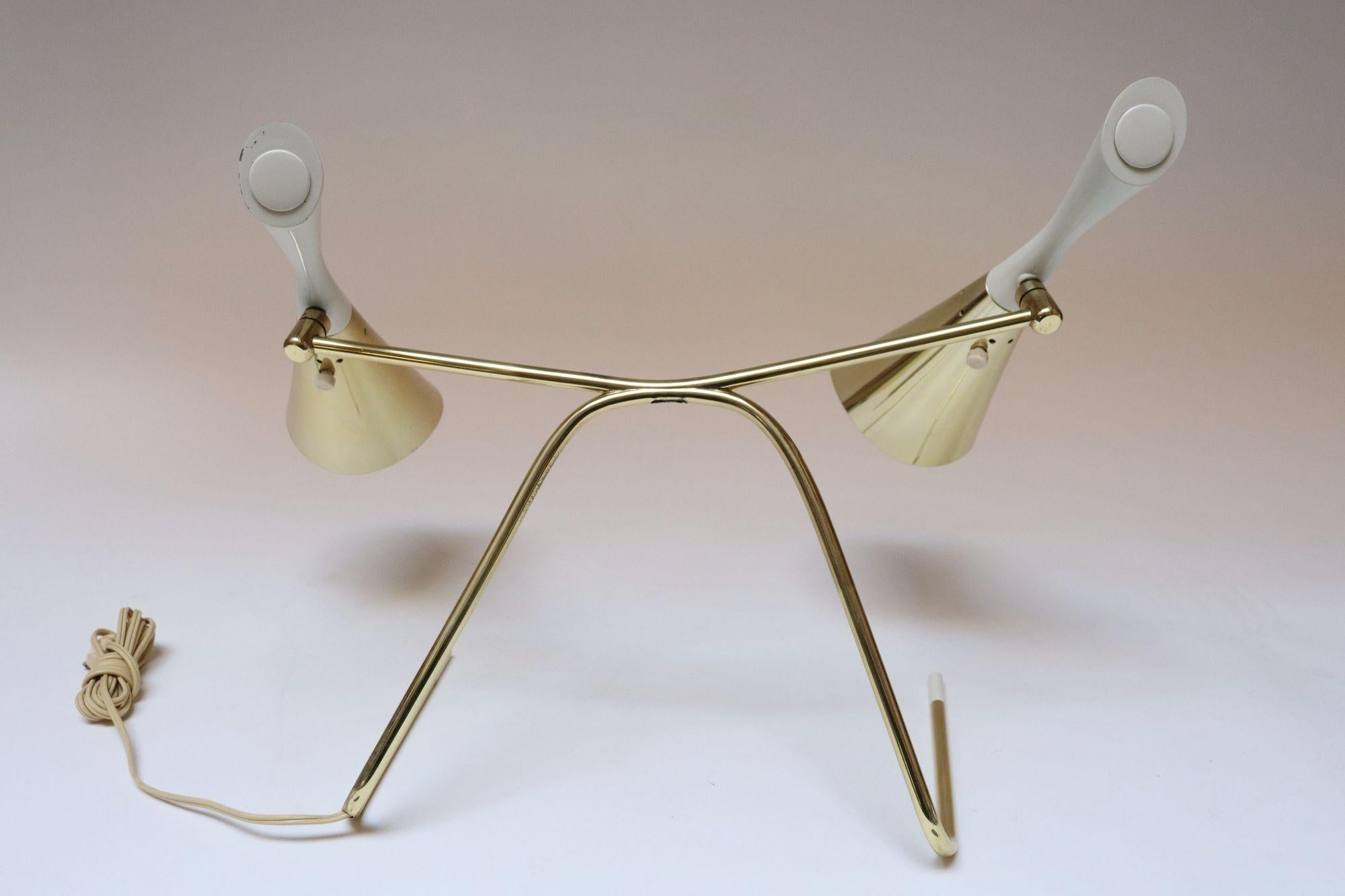 Mid-20th Century Mid-Century Brass and Painted Metal Twin Shade Table Lamp Attributed to Laurel For Sale