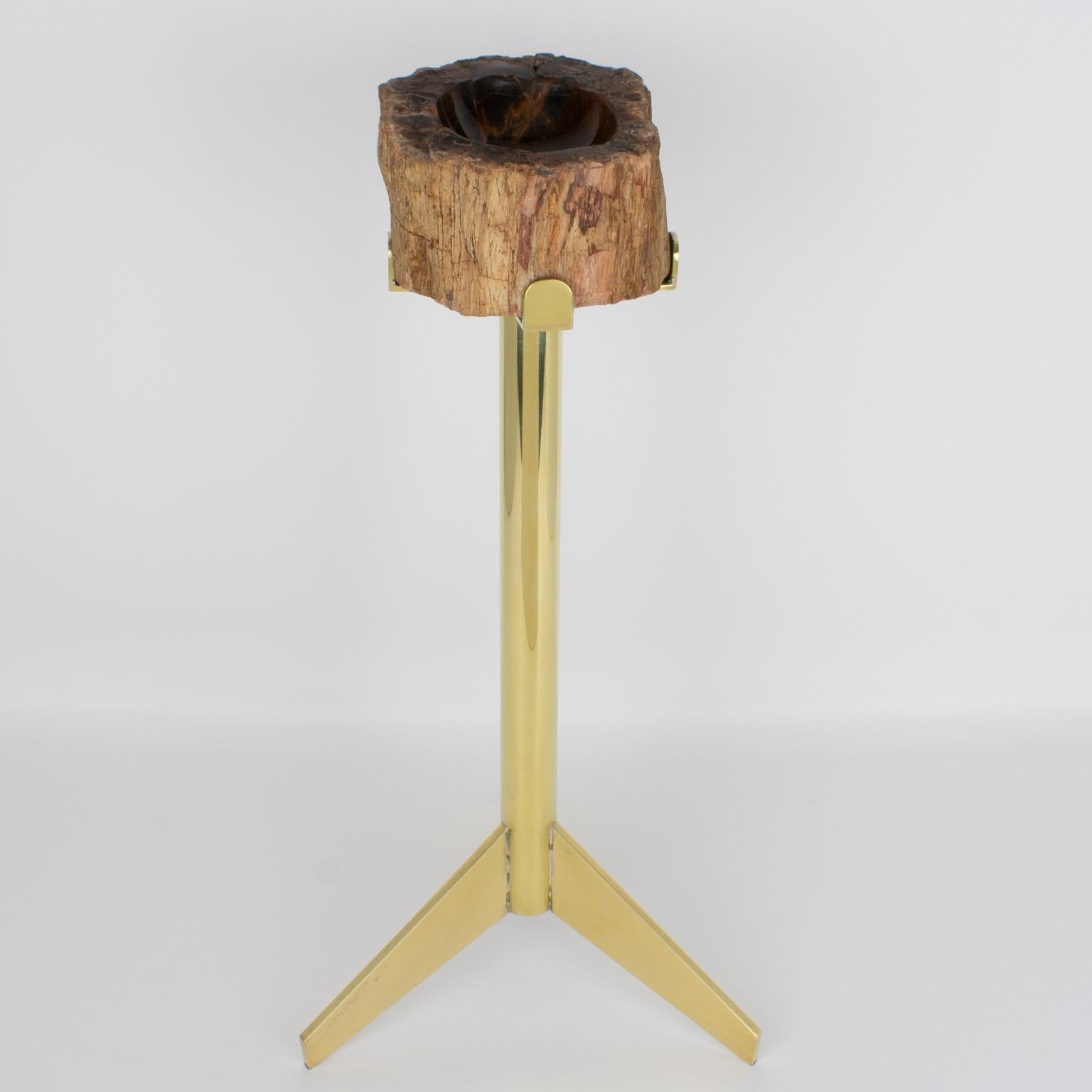 Aschenbecher Vide Poche Beistelltisch aus Messing und versteinertem Holz aus der Jahrhundertmitte, um 1960 (Französisch) im Angebot